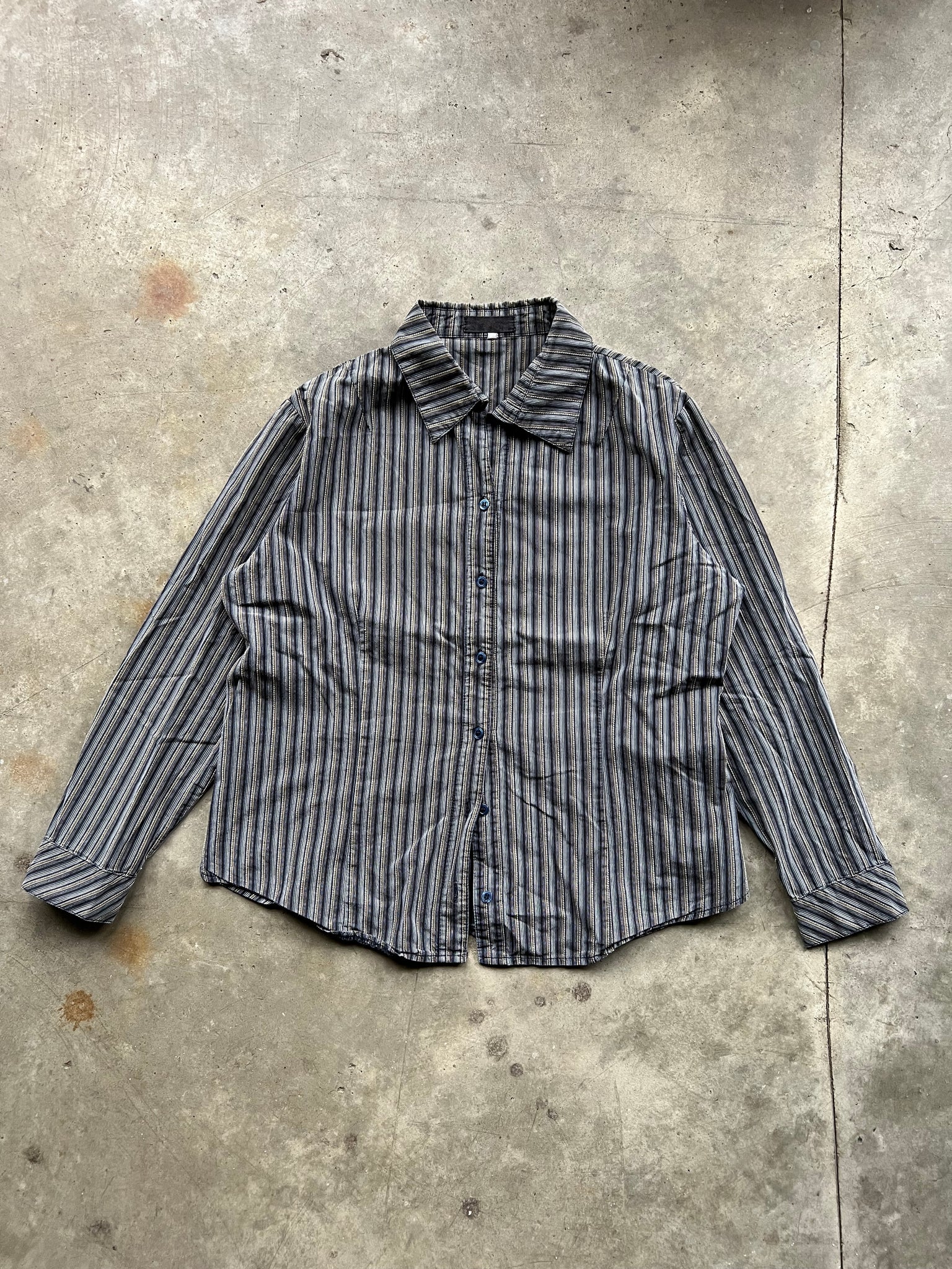 NAVY STRIPED BUTTON UP BLOUSE / LARGE