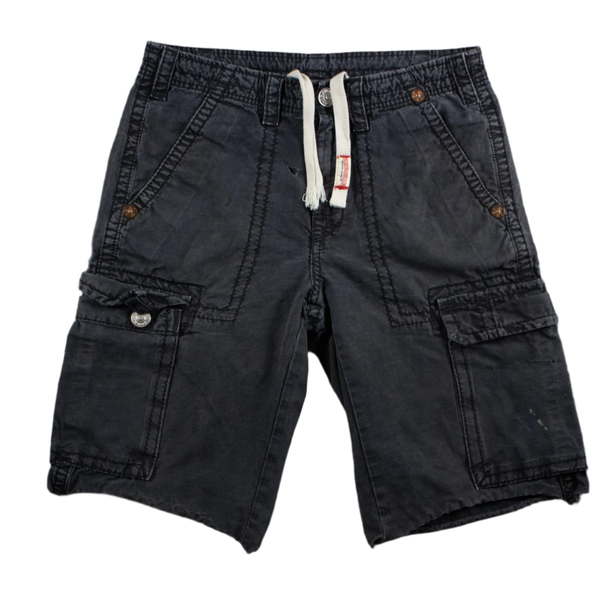 Dark blue shorts with a drawstring on a textured gray background