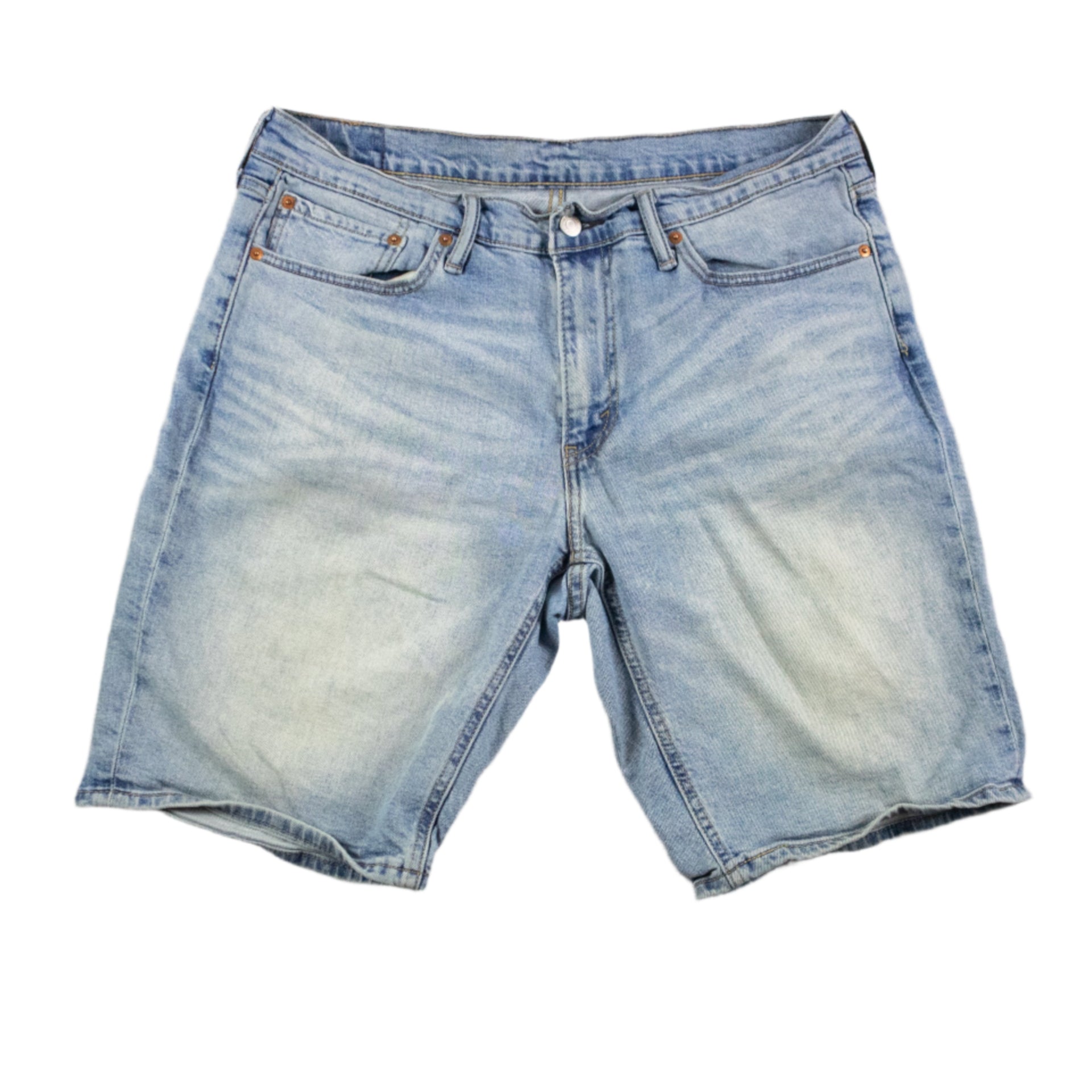 Light blue denim shorts on a textured gray background