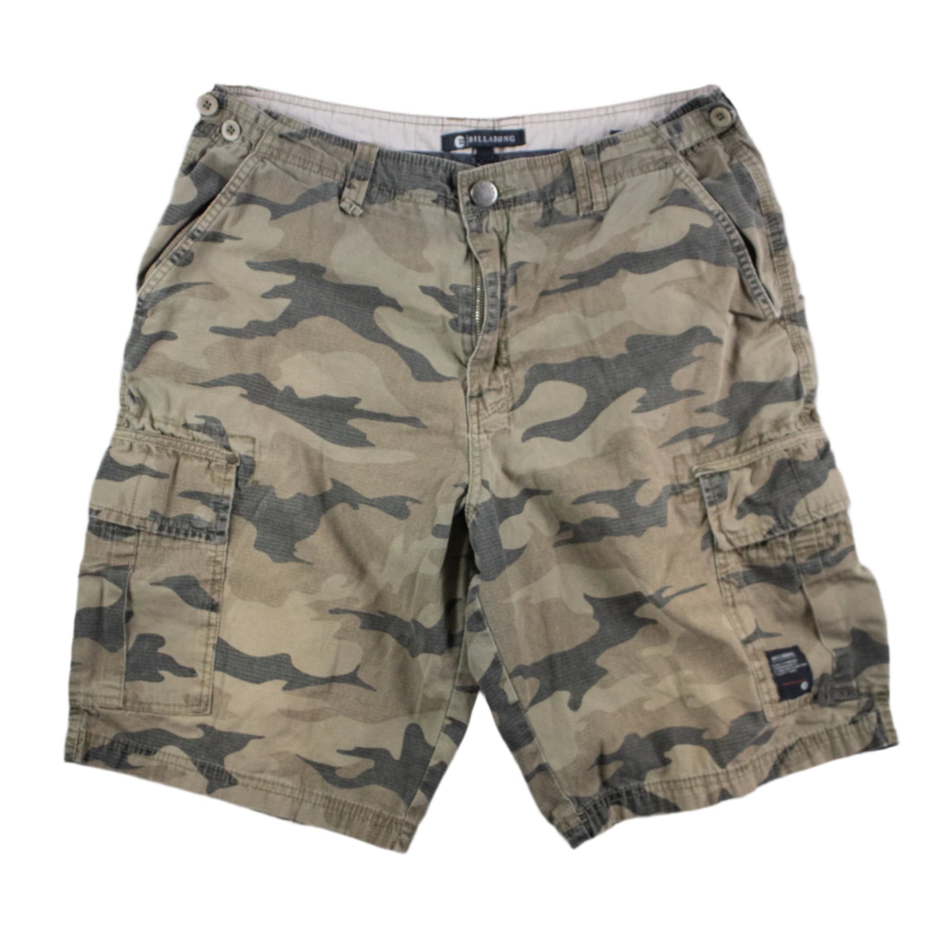 Camouflage shorts on a textured gray background
