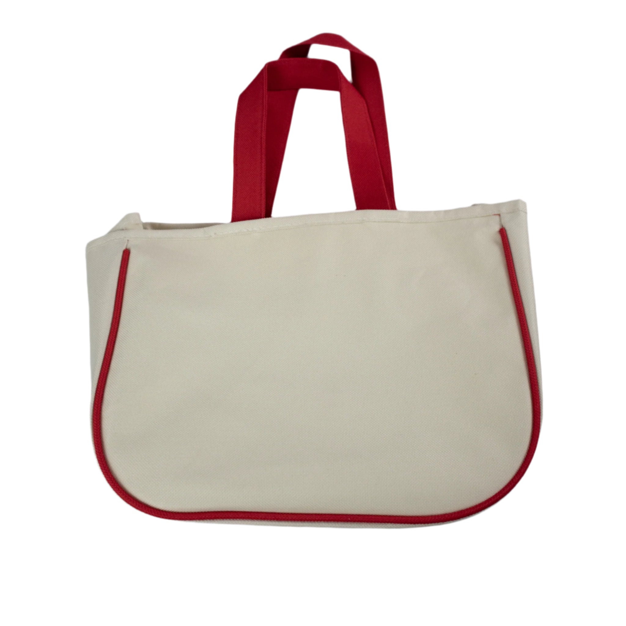 Beige tote bag with red trim on a gray background
