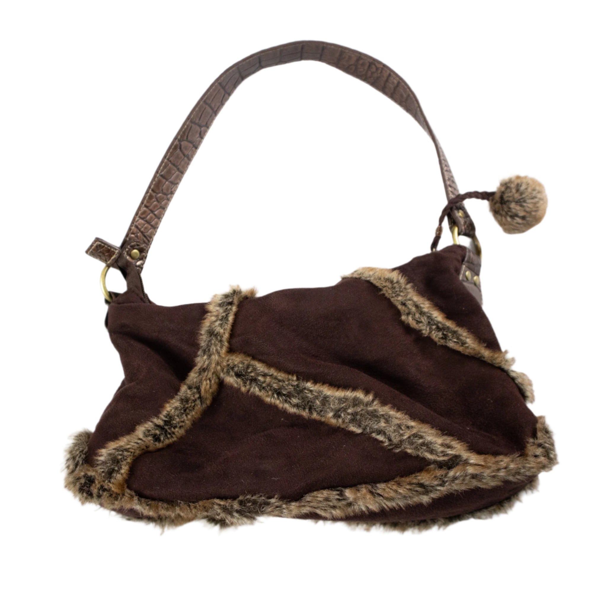 Brown handbag with fur trim on a white background