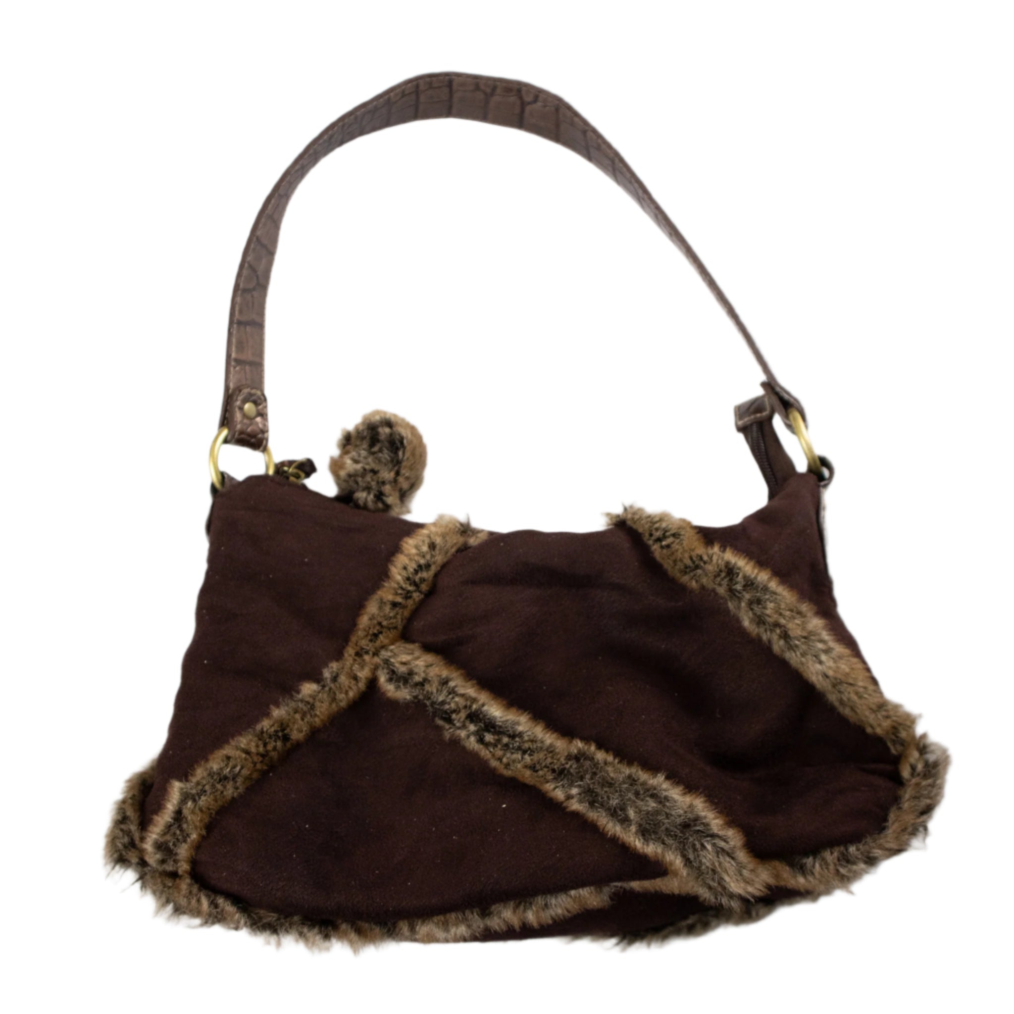 Brown handbag with fur trim on a white background