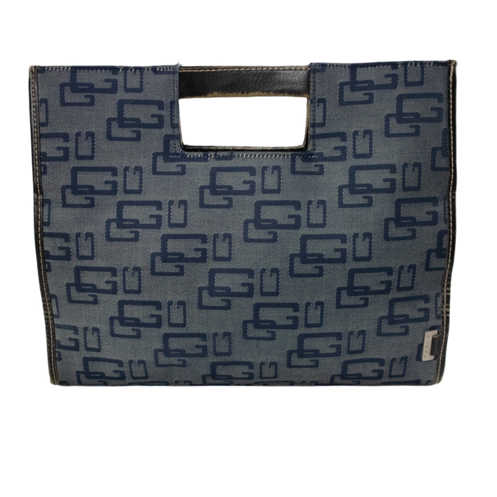 Blue patterned bag with a black handle on a white background