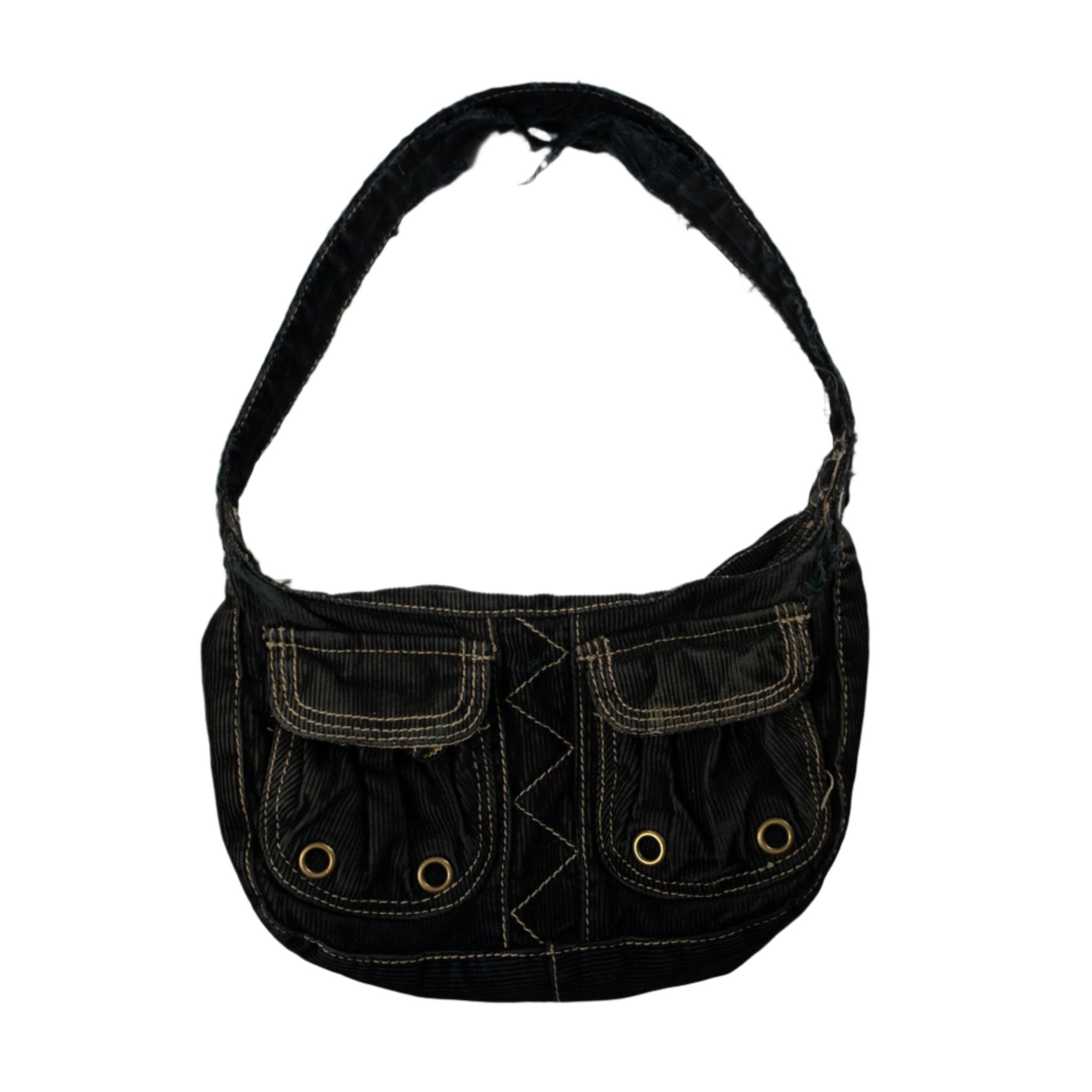 Black denim handbag with two front pockets on a white background