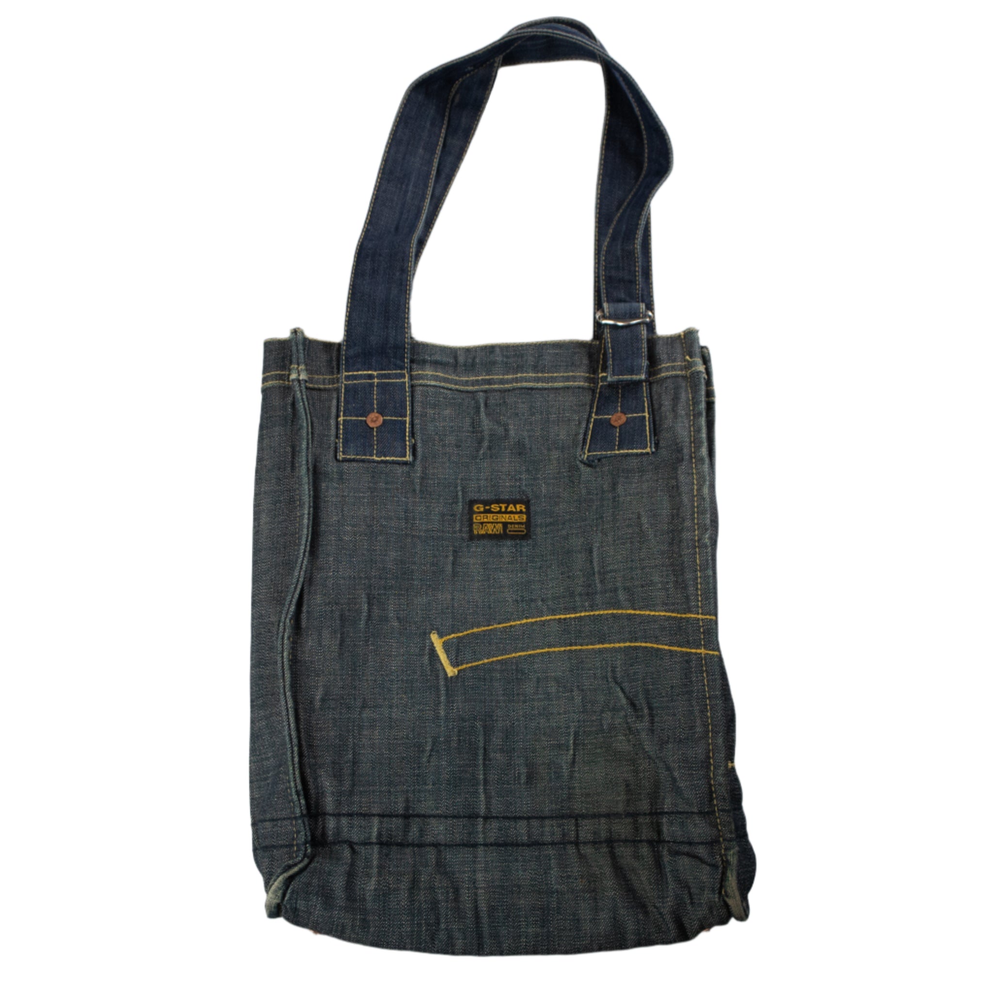 Denim tote bag with visible brand label on a white background
