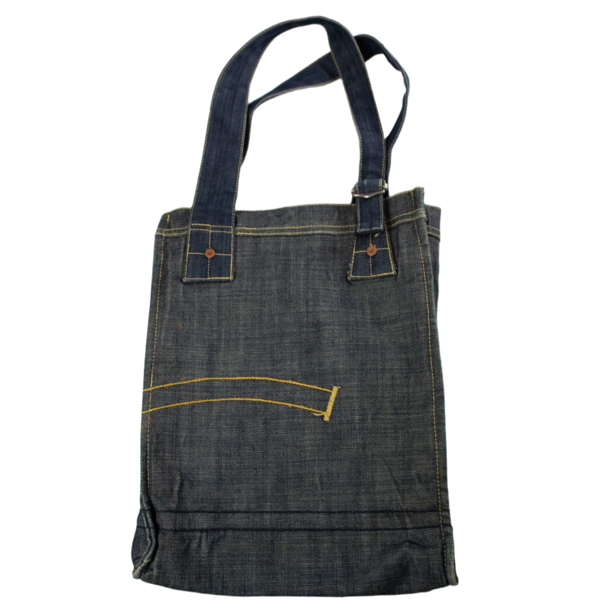 Denim tote bag with yellow stitching on a white background