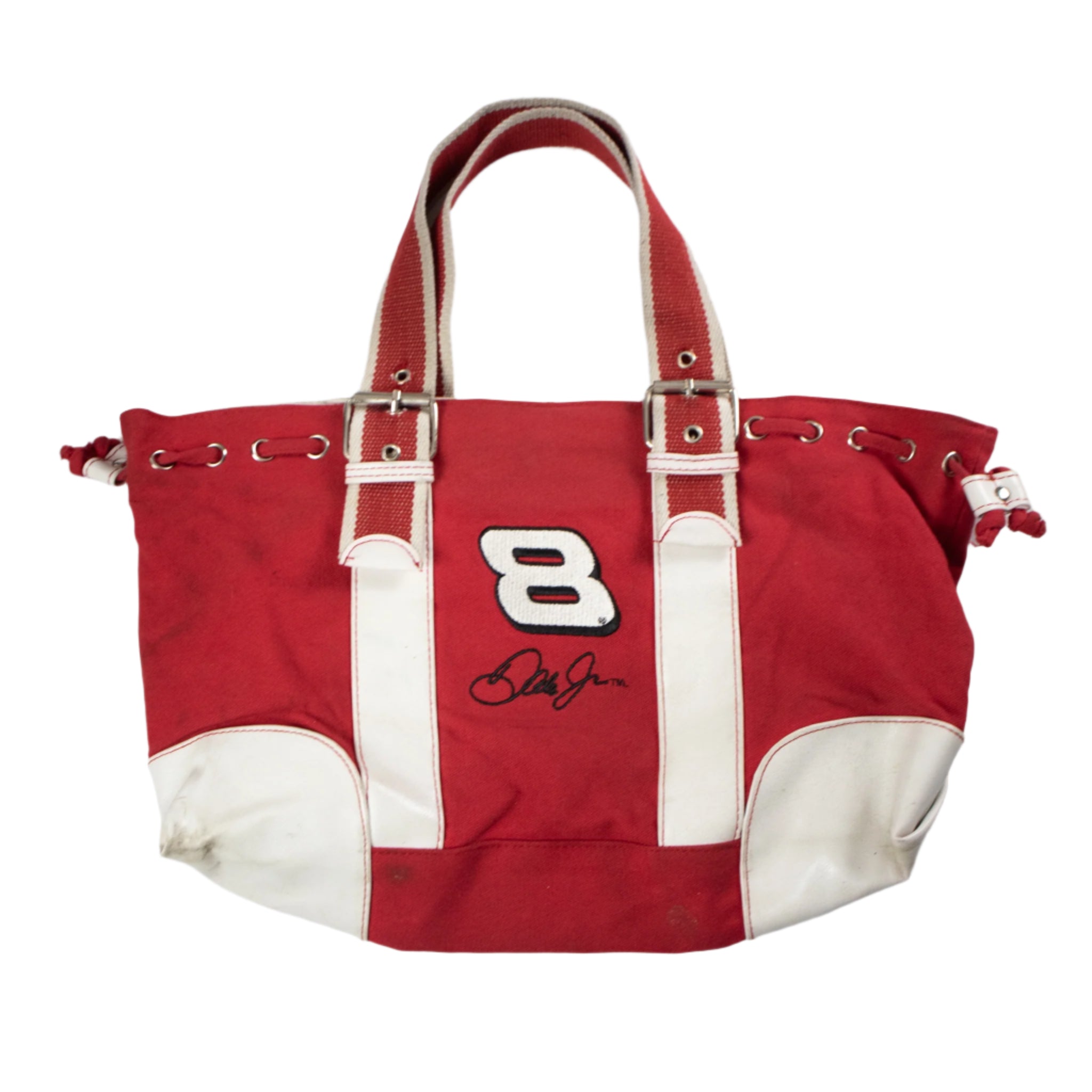 Red and white tote bag with number 8 and signature on a gray background
