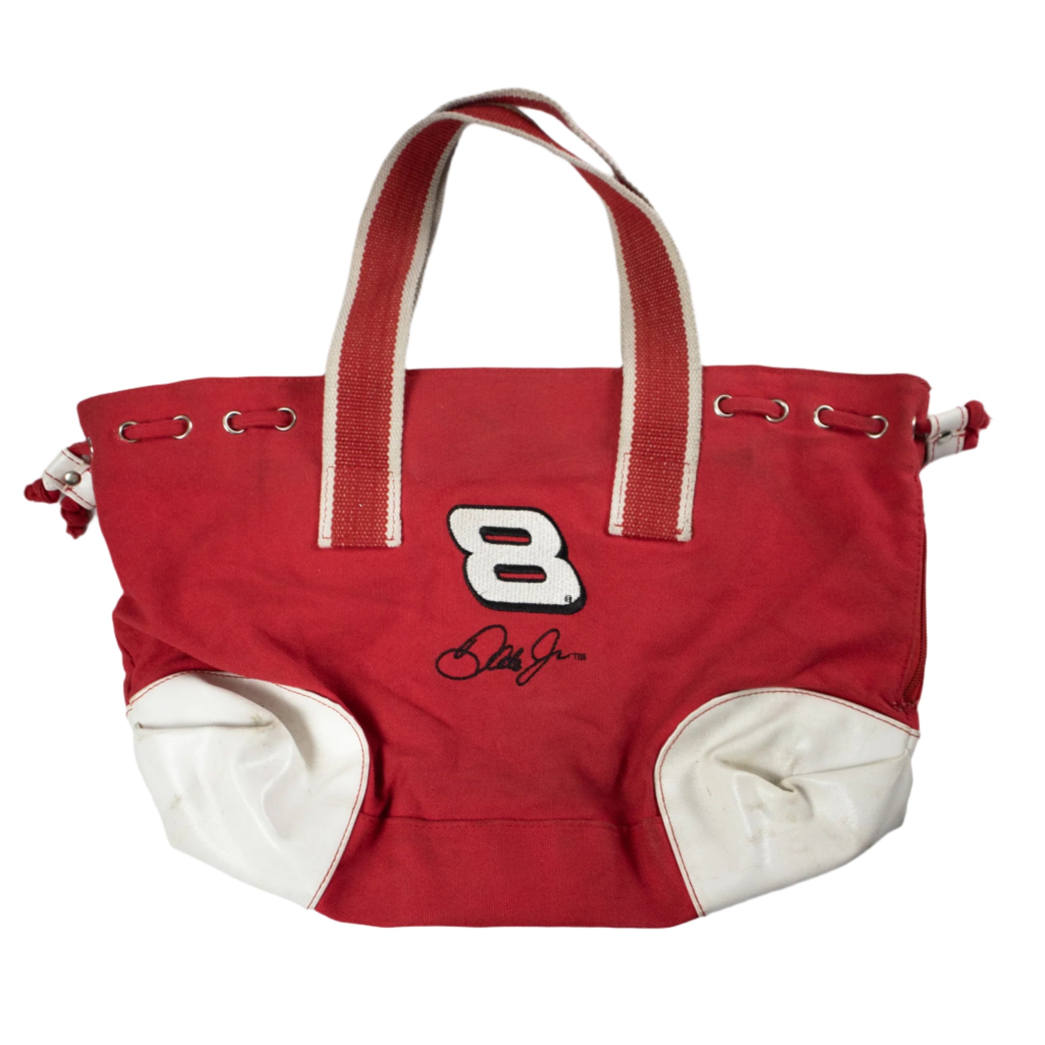 Red tote bag with number 8 and signature on a white background