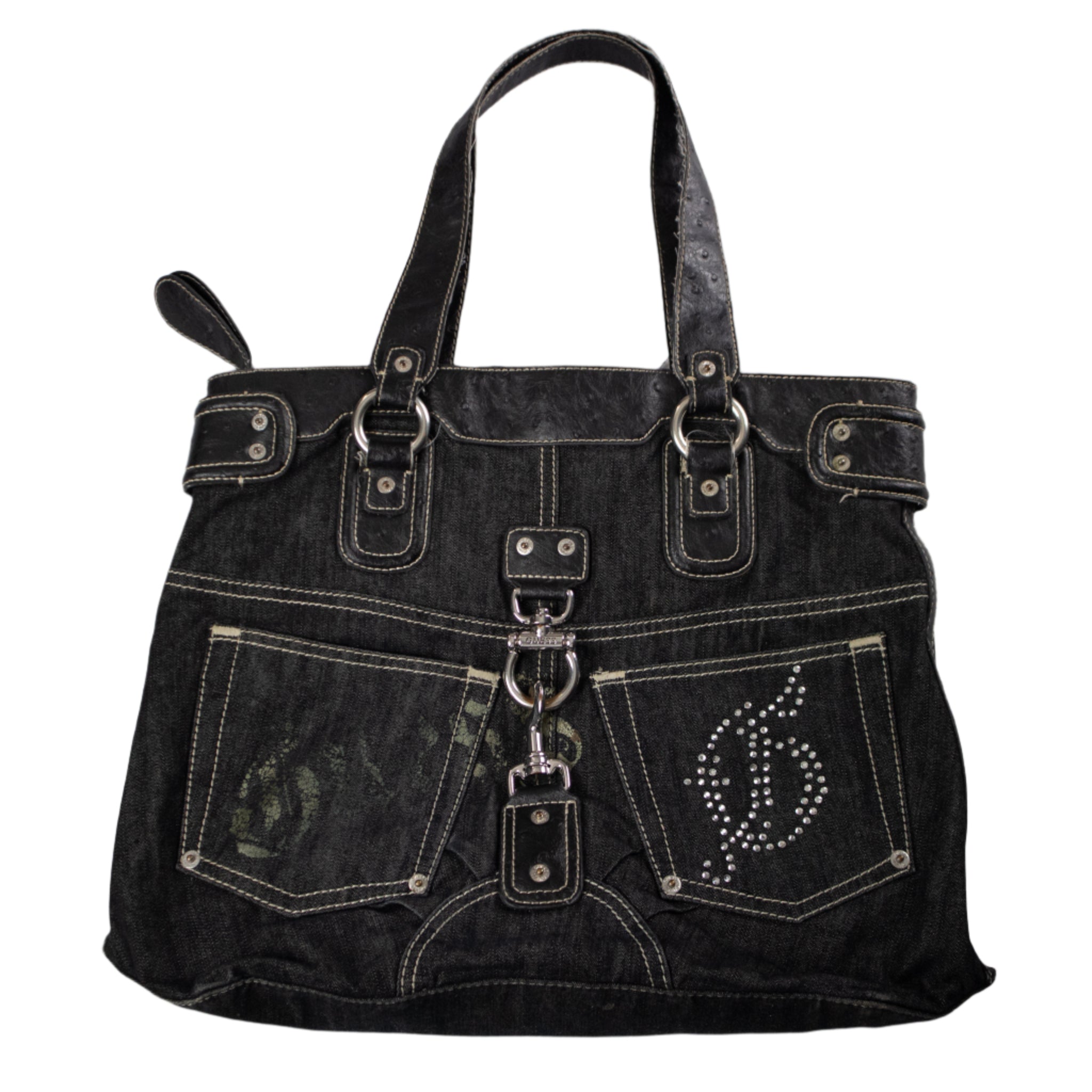 Black denim handbag with decorative elements on a white background