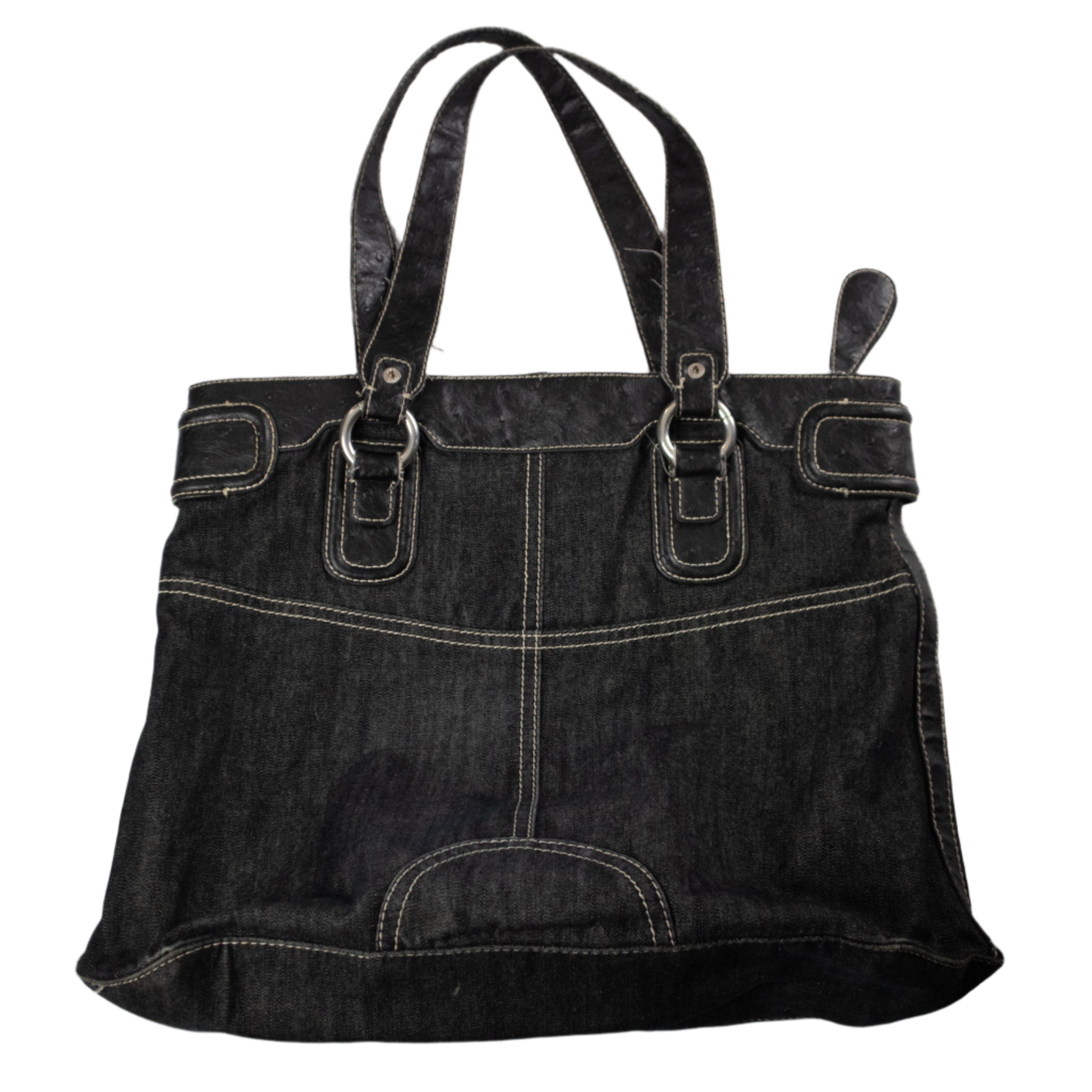 Black denim handbag with metal buckles on a white background
