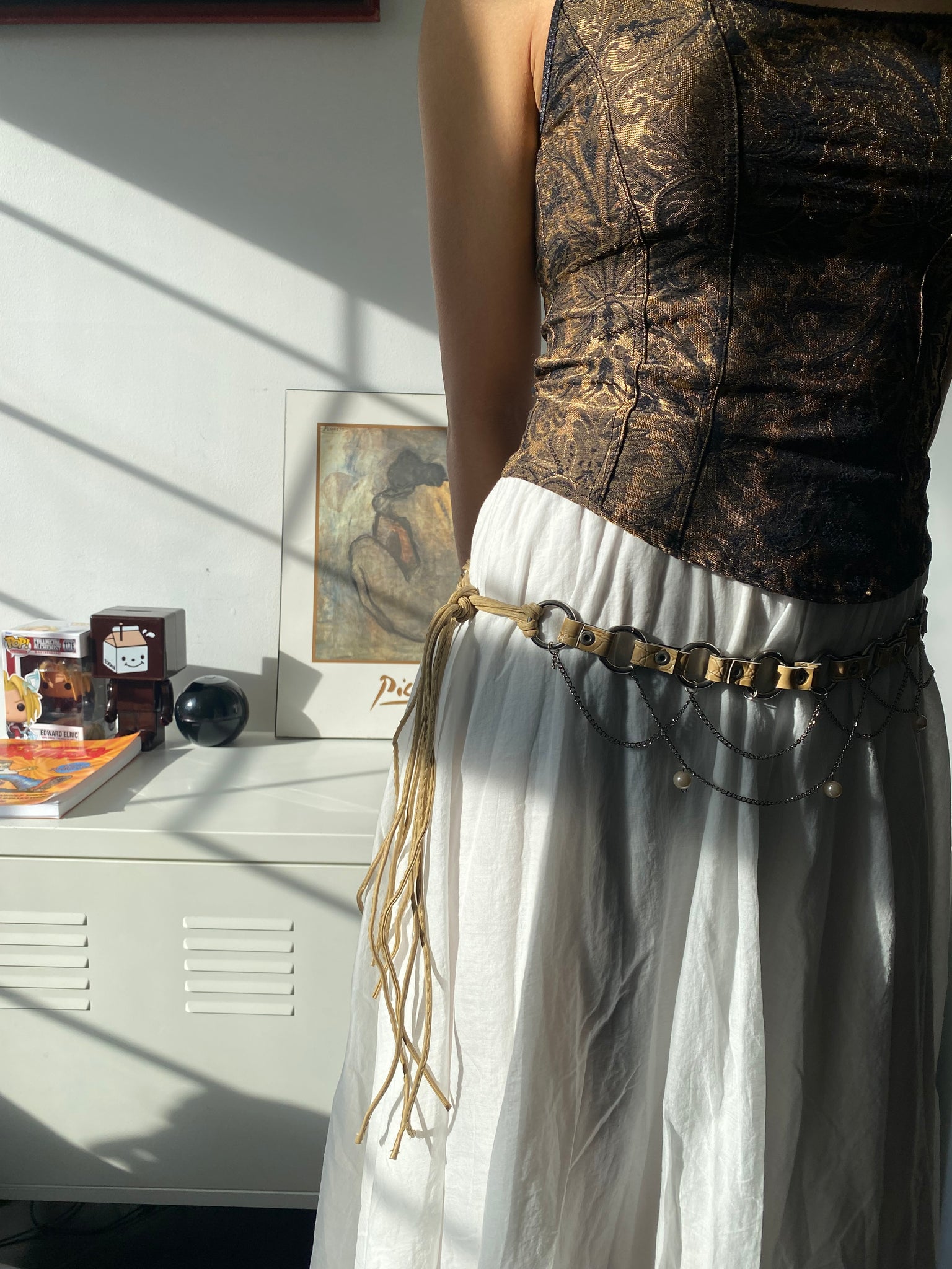 Beige leather and chain cowgirl belt