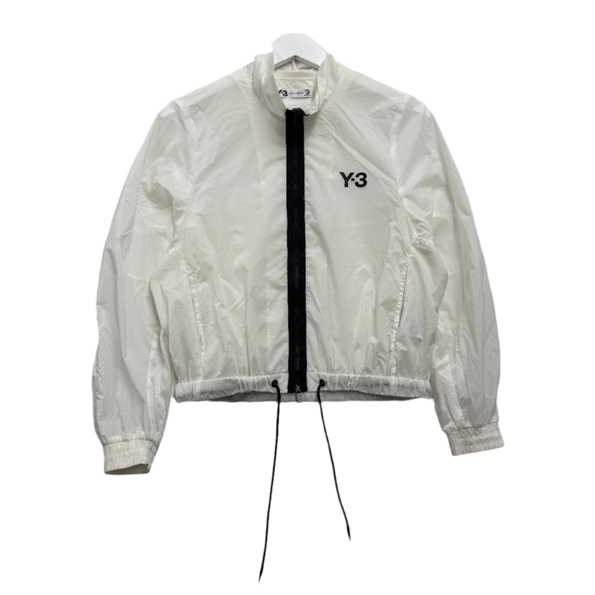 White jacket with black zipper and 'Y-3' logo on a white background