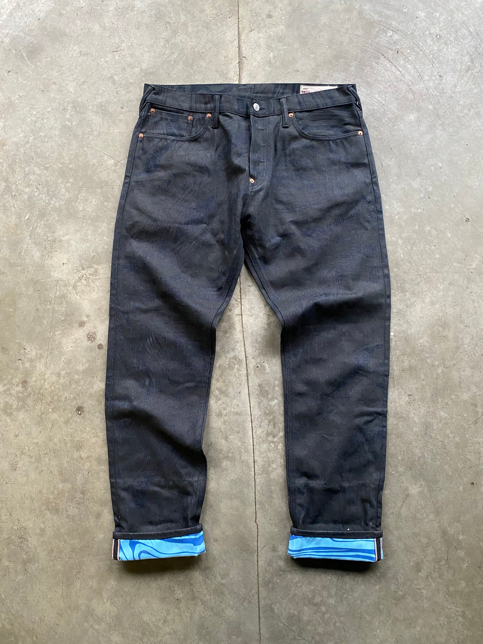 EVISU BLUE WAXED SELVEDGE DENIM / 36X32