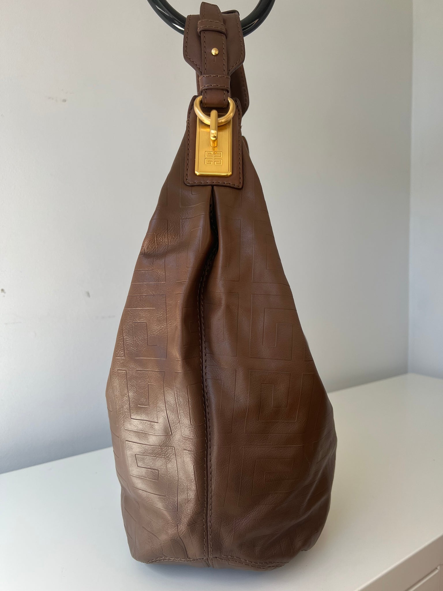 GIVENCHY SIGNATURE EMBOSSED LEATHER HOBO BAG / BROWN