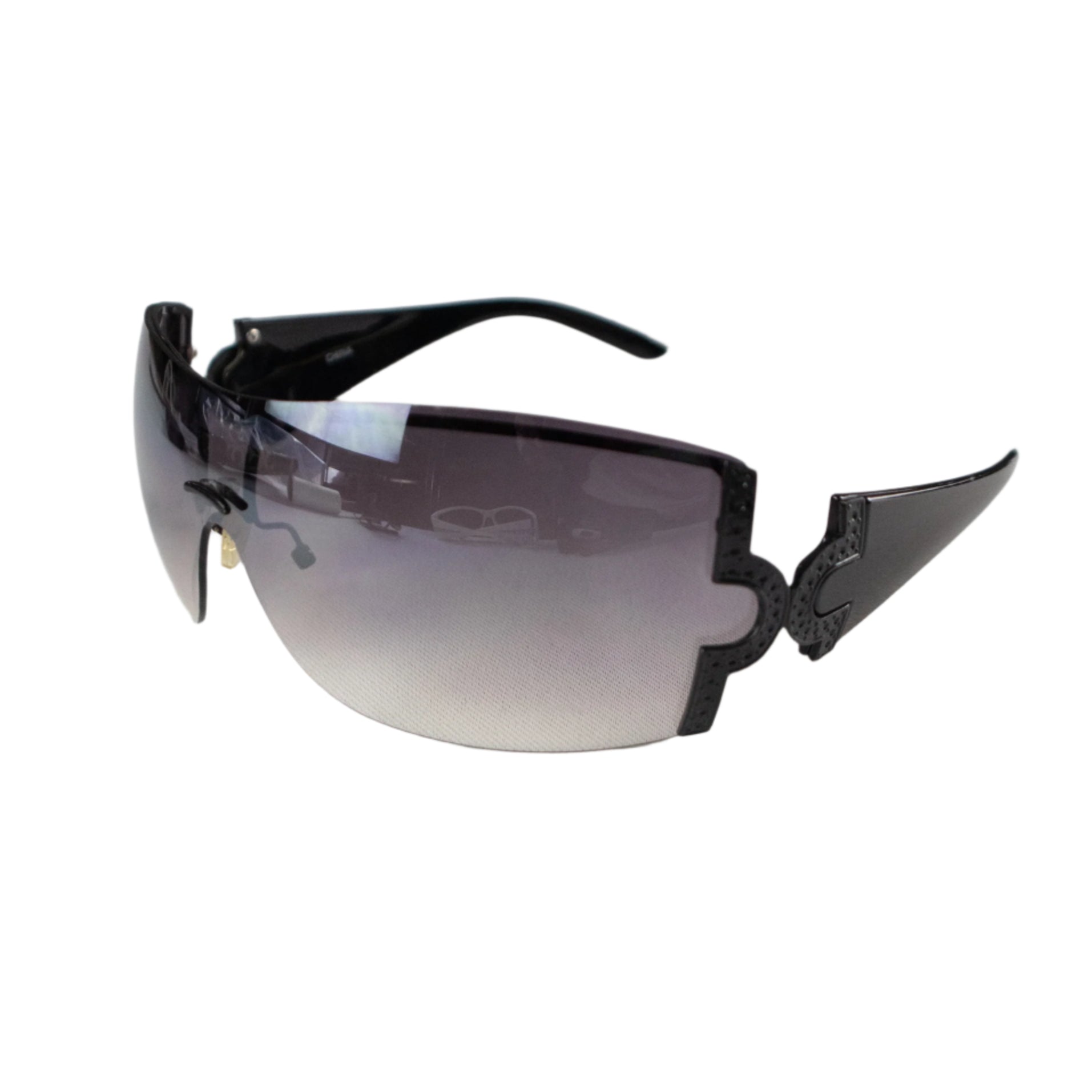 Black sunglasses with gradient lenses on a white surface