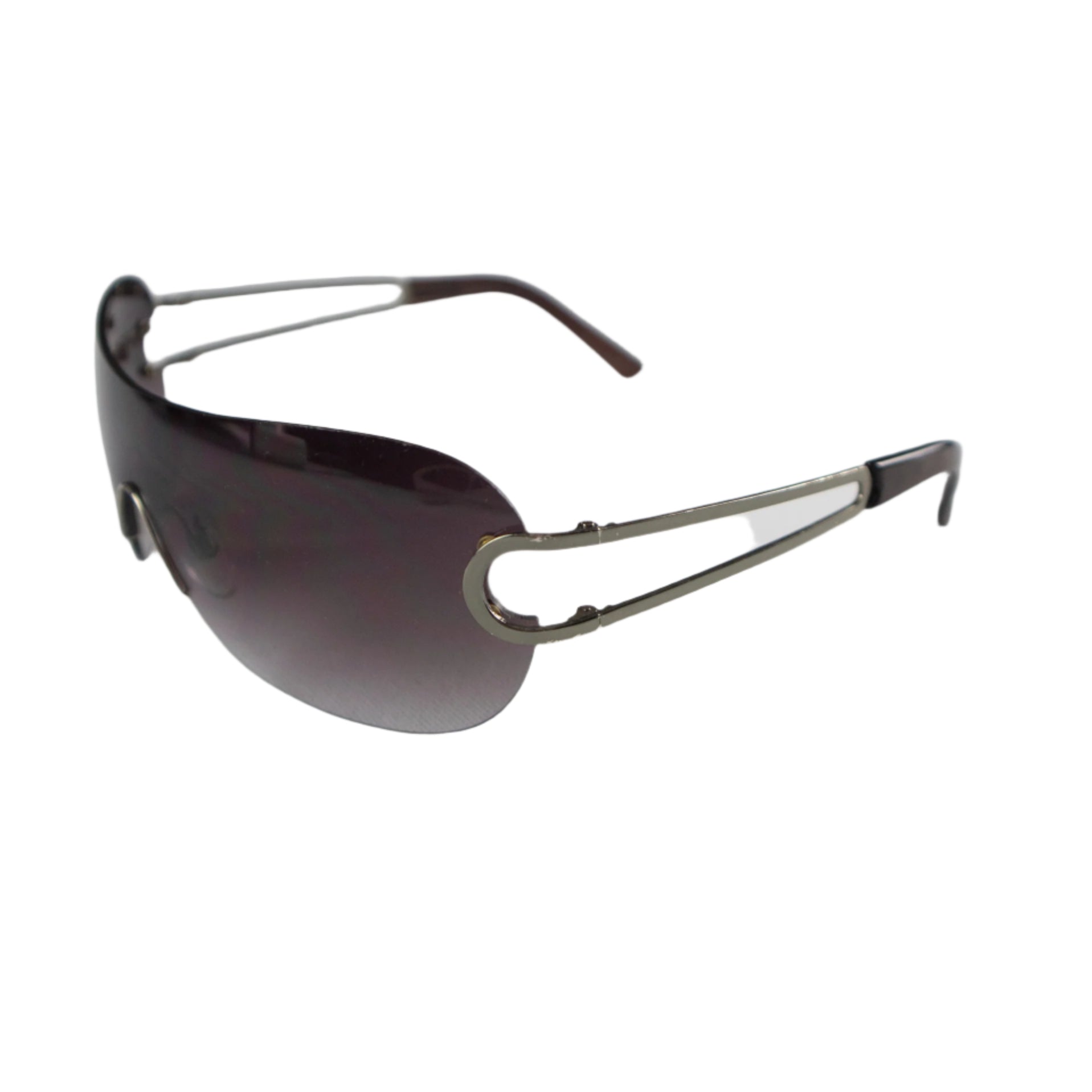 Sunglasses with dark lenses and thin metal frame on a white surface
