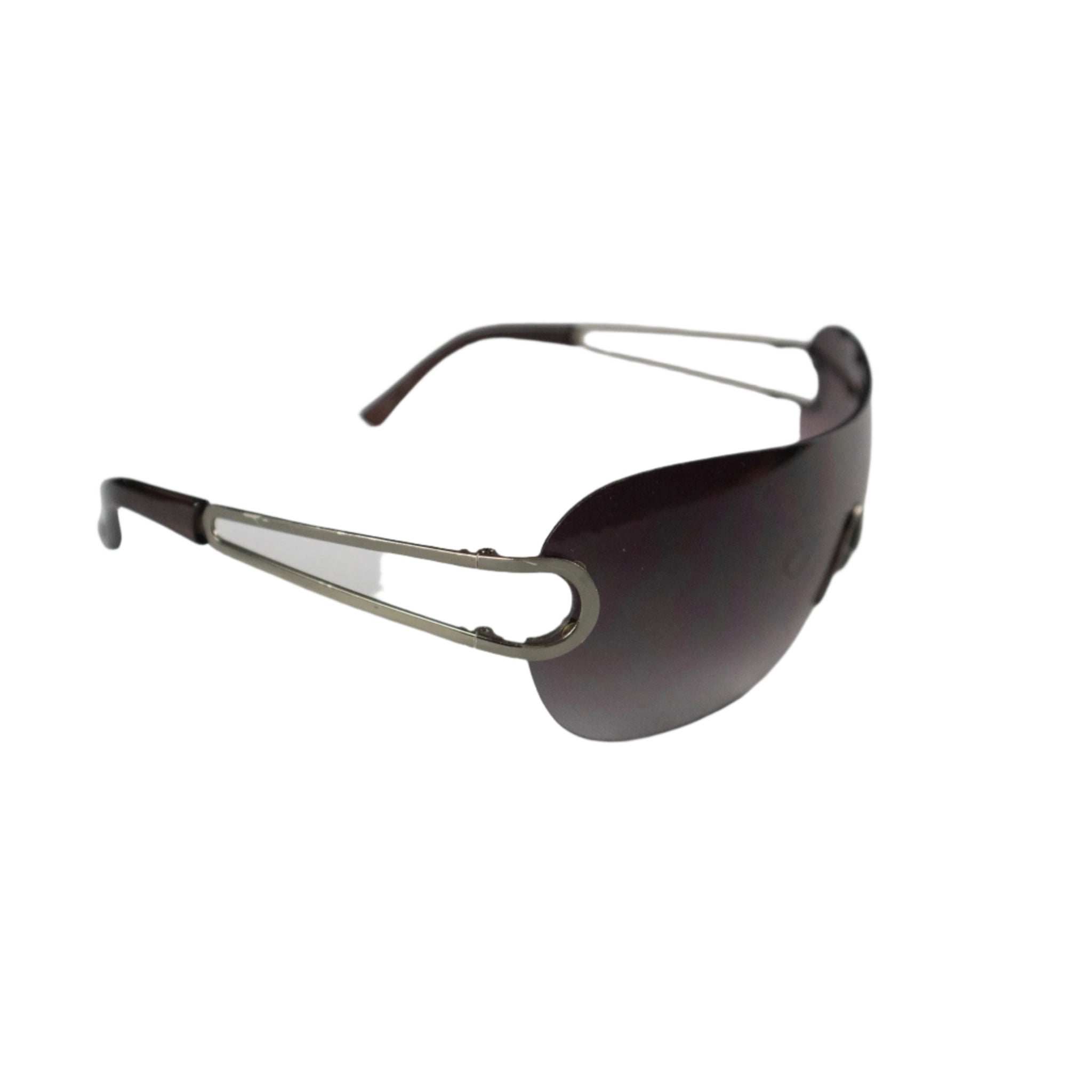 Sunglasses with dark lenses and thin metal frame on a light gray background