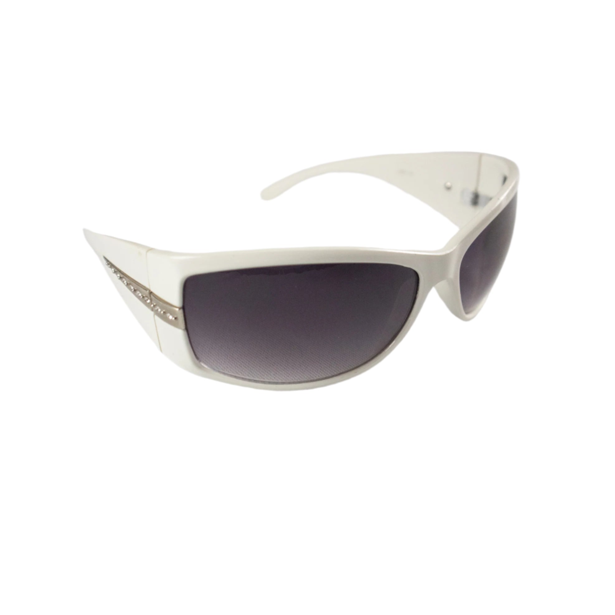 White sunglasses with dark lenses on a light gray surface