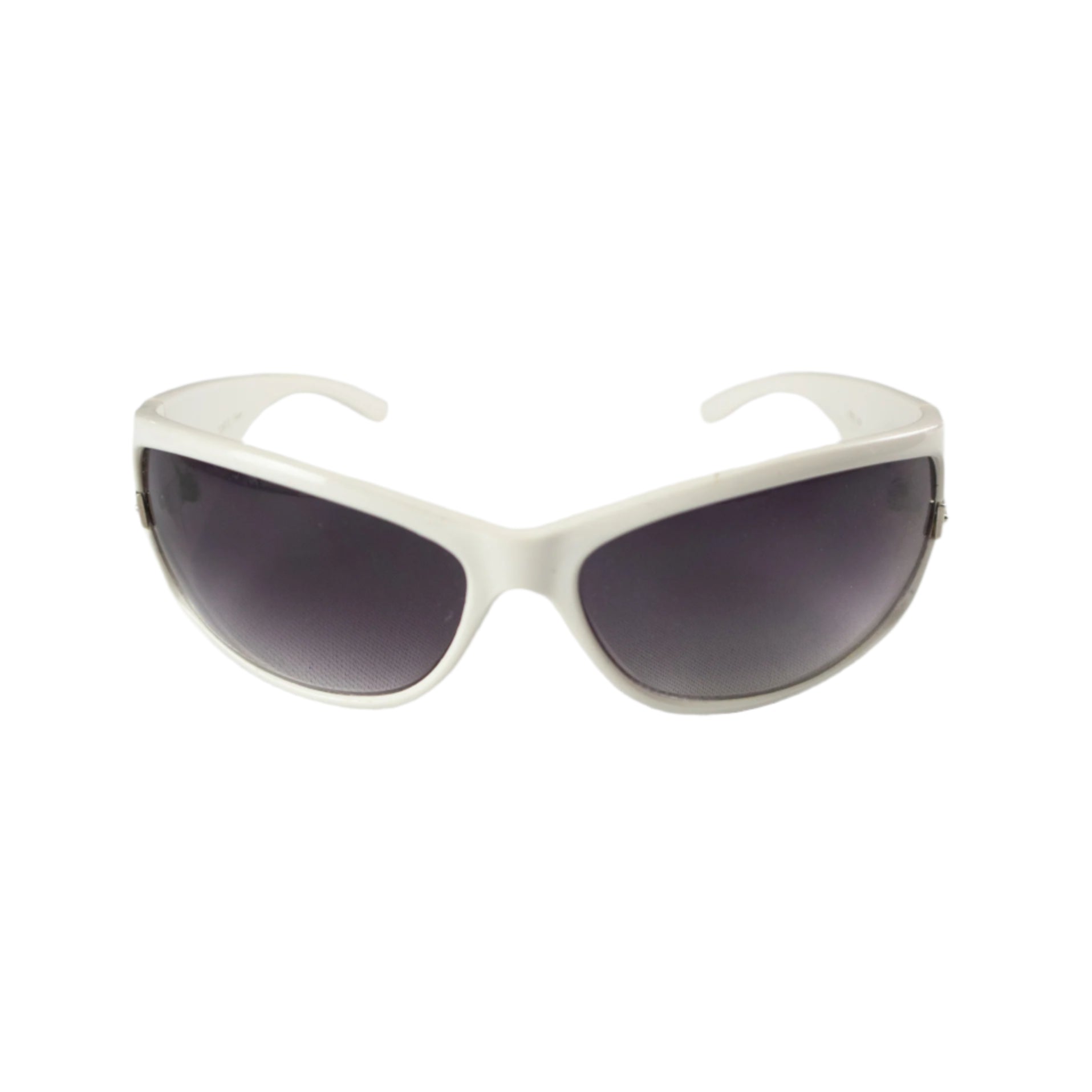 White sunglasses with dark lenses on a light gray background