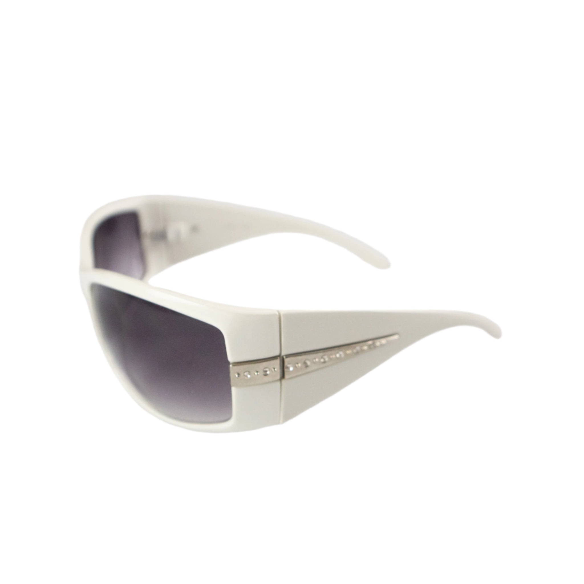 Sunglasses with a white frame and dark lenses on a gray background