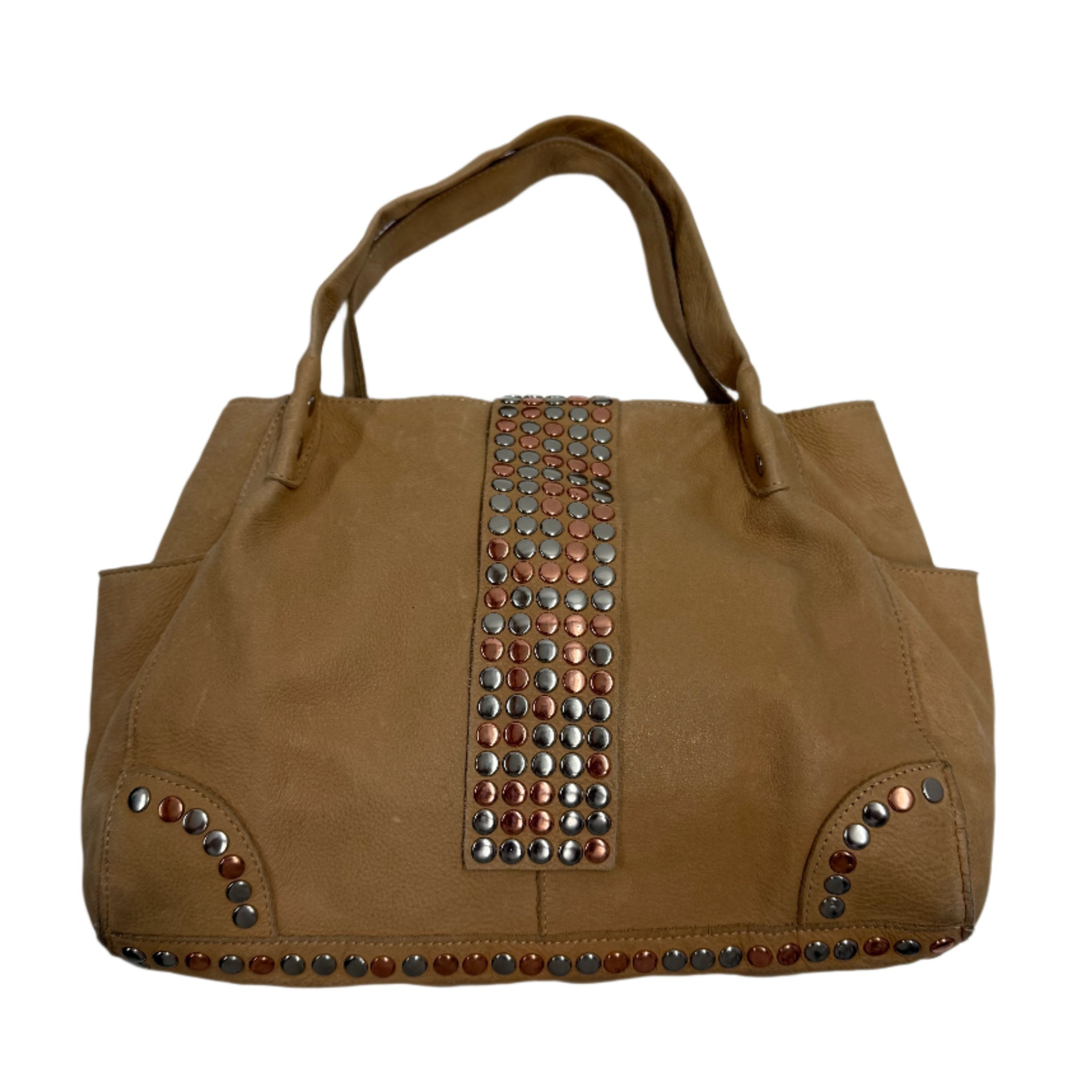 Adonis Green Tres 100% Cowhide leather shoulder bag with detailing studs brown leather front detail shot