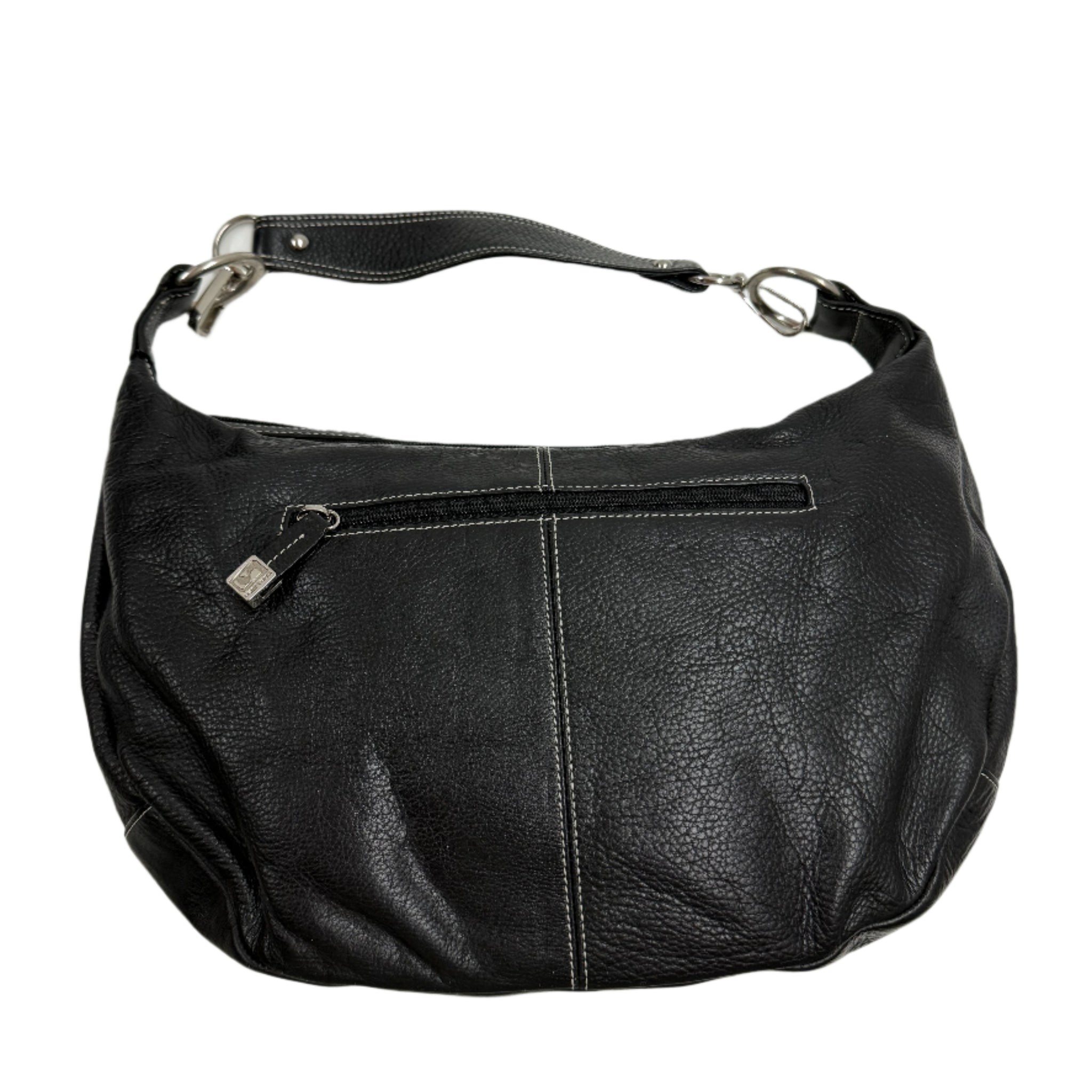 Black leather backpack on a light gray background