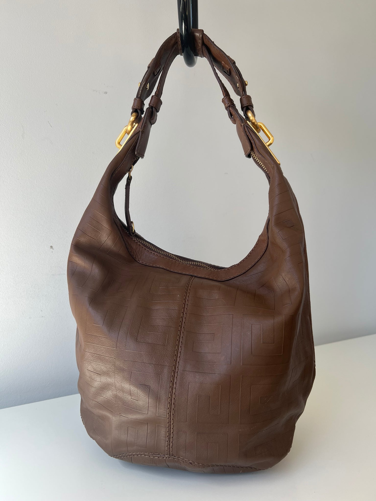 GIVENCHY SIGNATURE EMBOSSED LEATHER HOBO BAG / BROWN