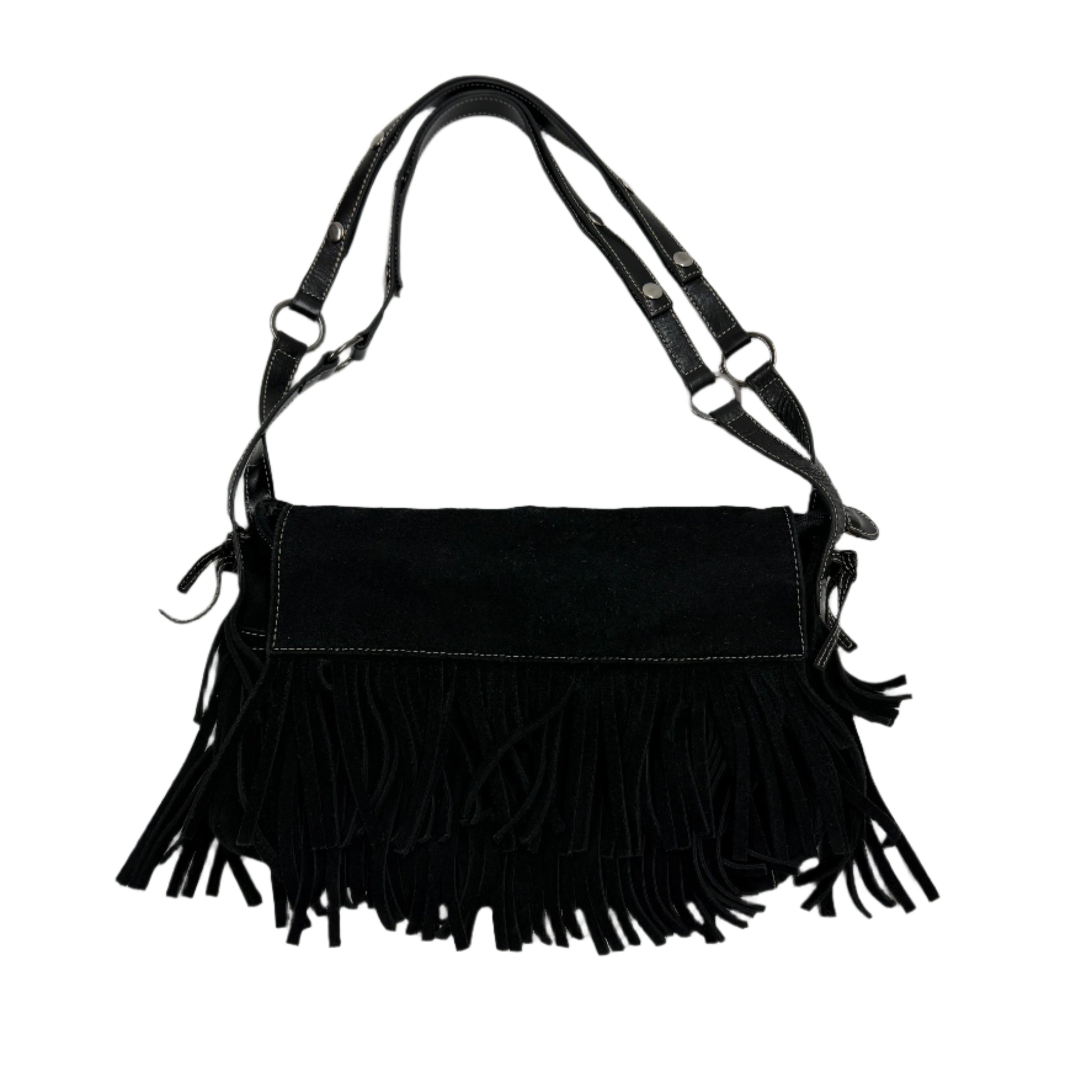 Black fringe handbag on a light gray background