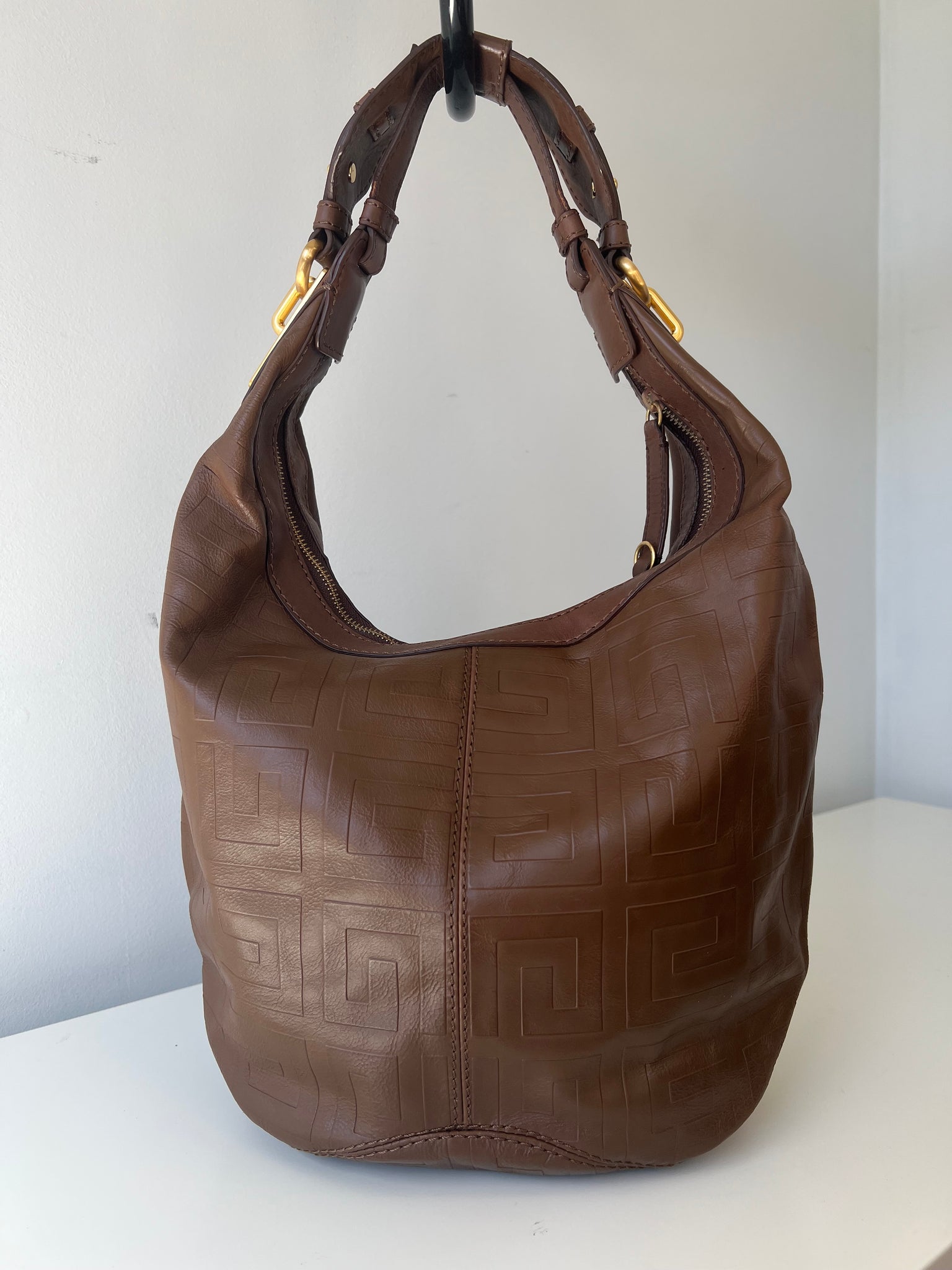 GIVENCHY SIGNATURE EMBOSSED LEATHER HOBO BAG / BROWN