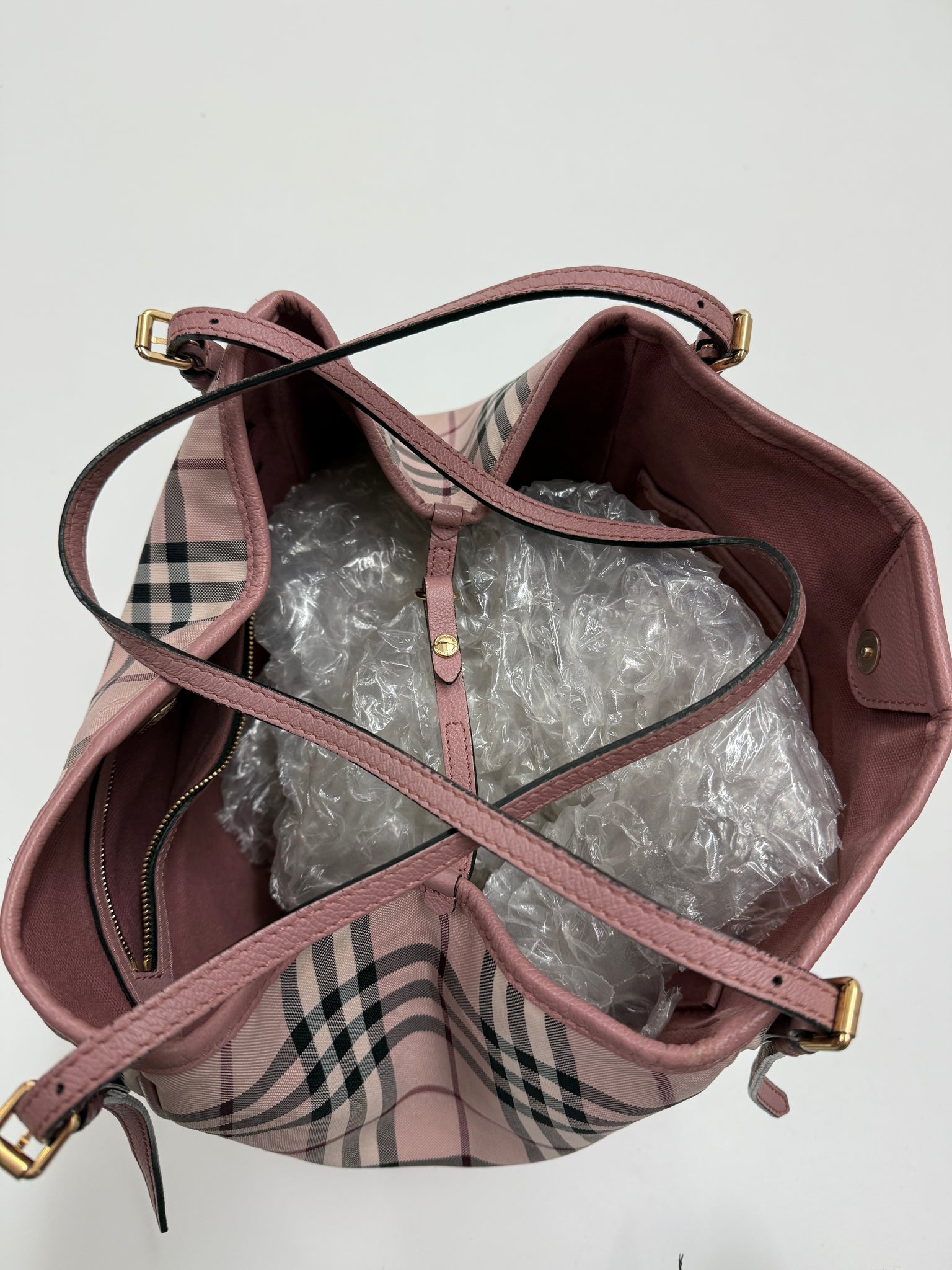 Burberry Horseferry dusty pink check tote / OS