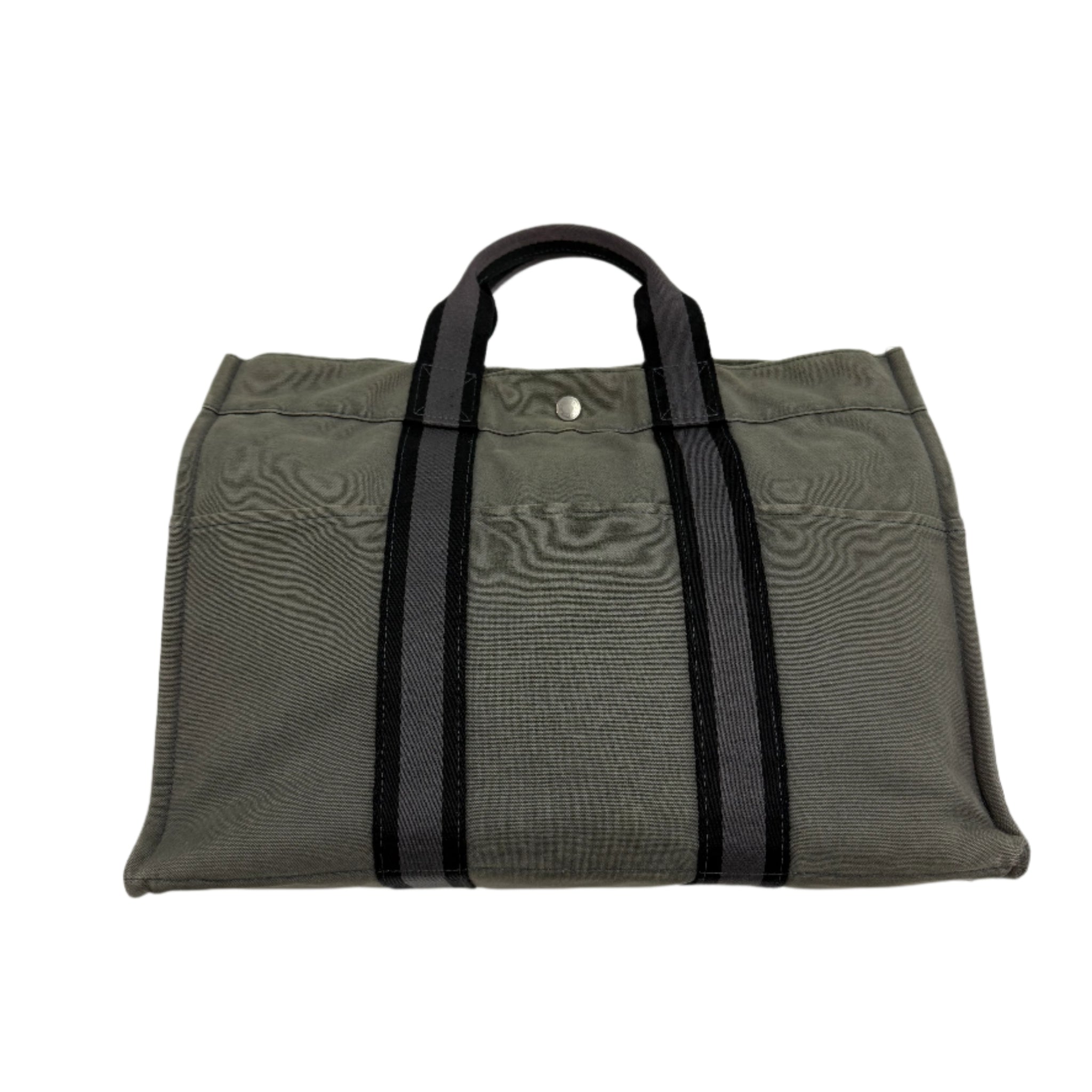 Gray bag with black straps on a white background Hermes Luxury Vintage Designer Hand bag Front Shot detail