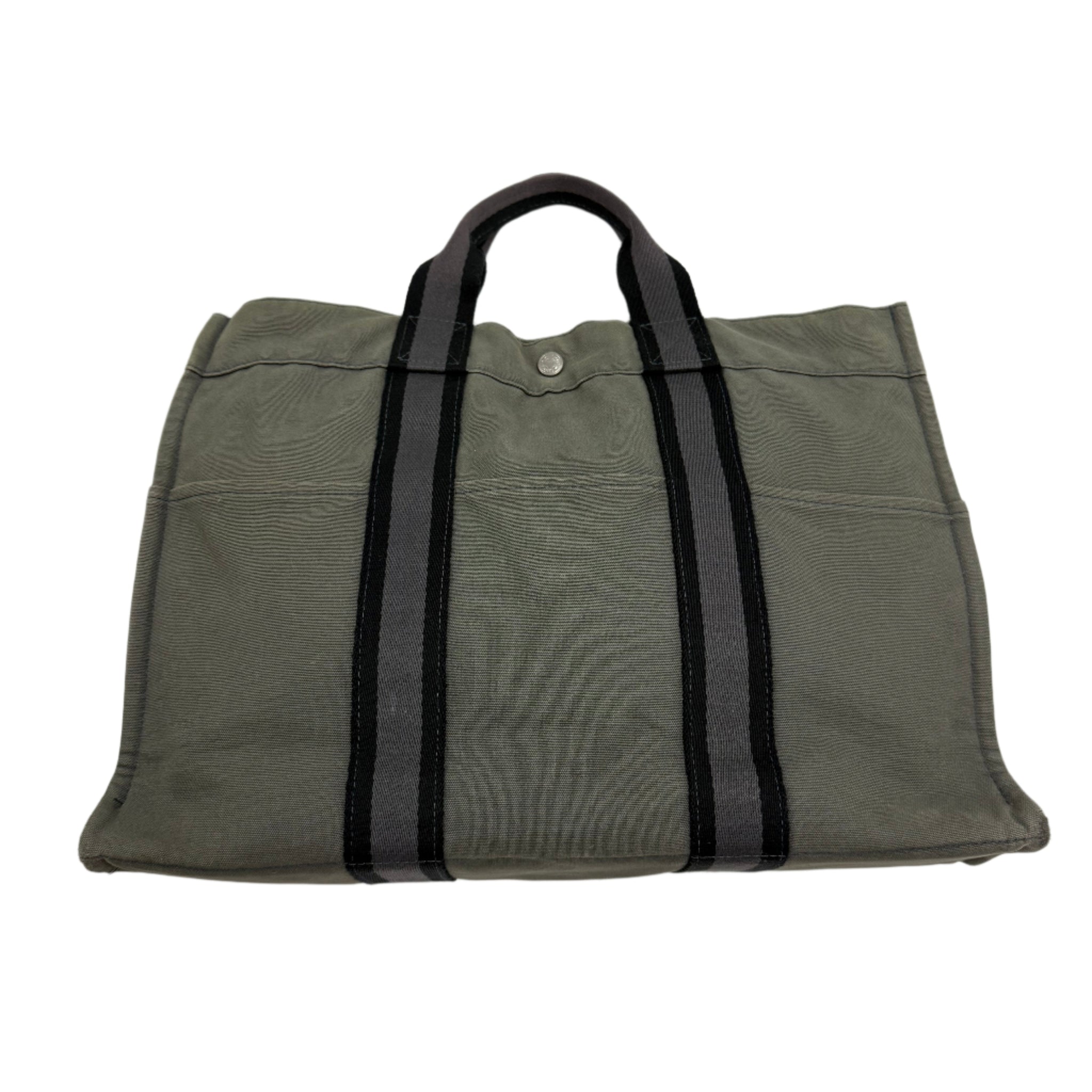Gray bag with black straps on a white background Hermes Luxury Vintage Designer Hand bag Front Shot detail