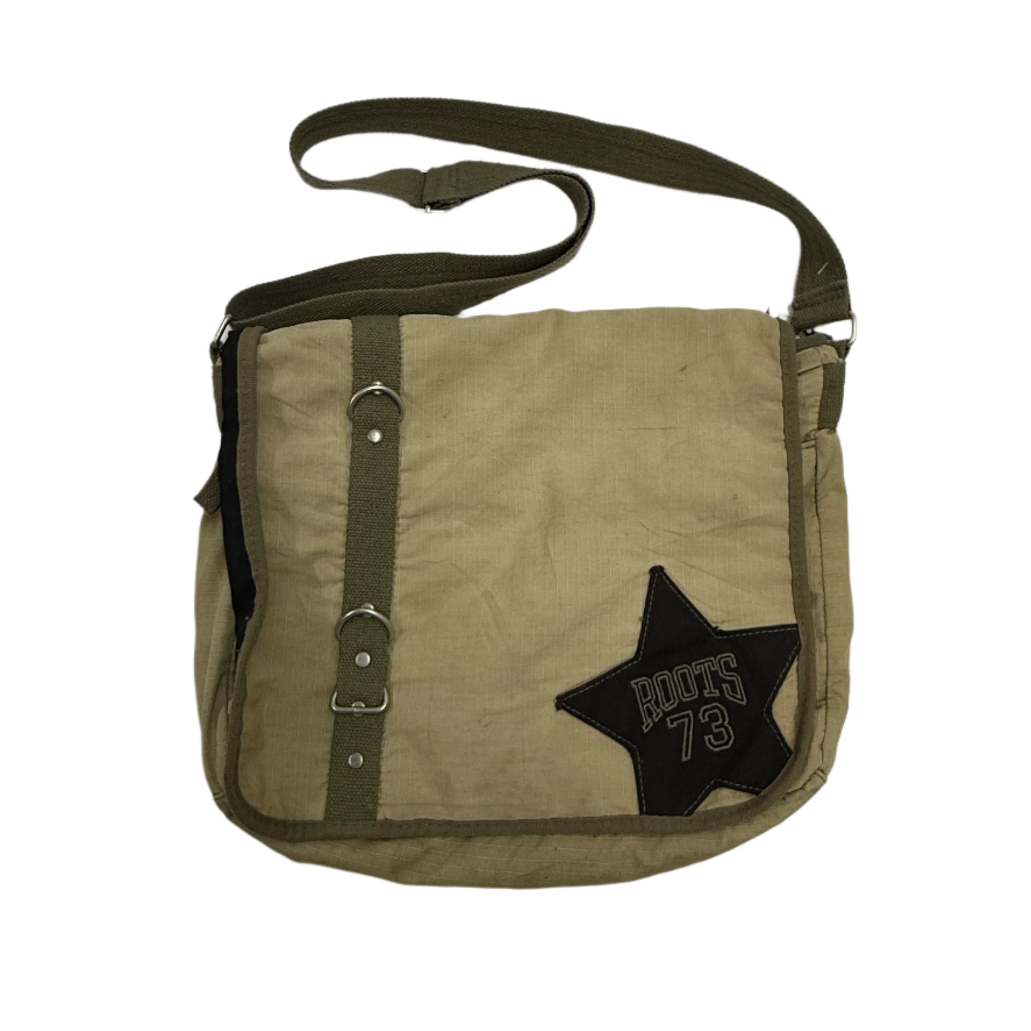 Khaki bag with a black star and text on a light gray background