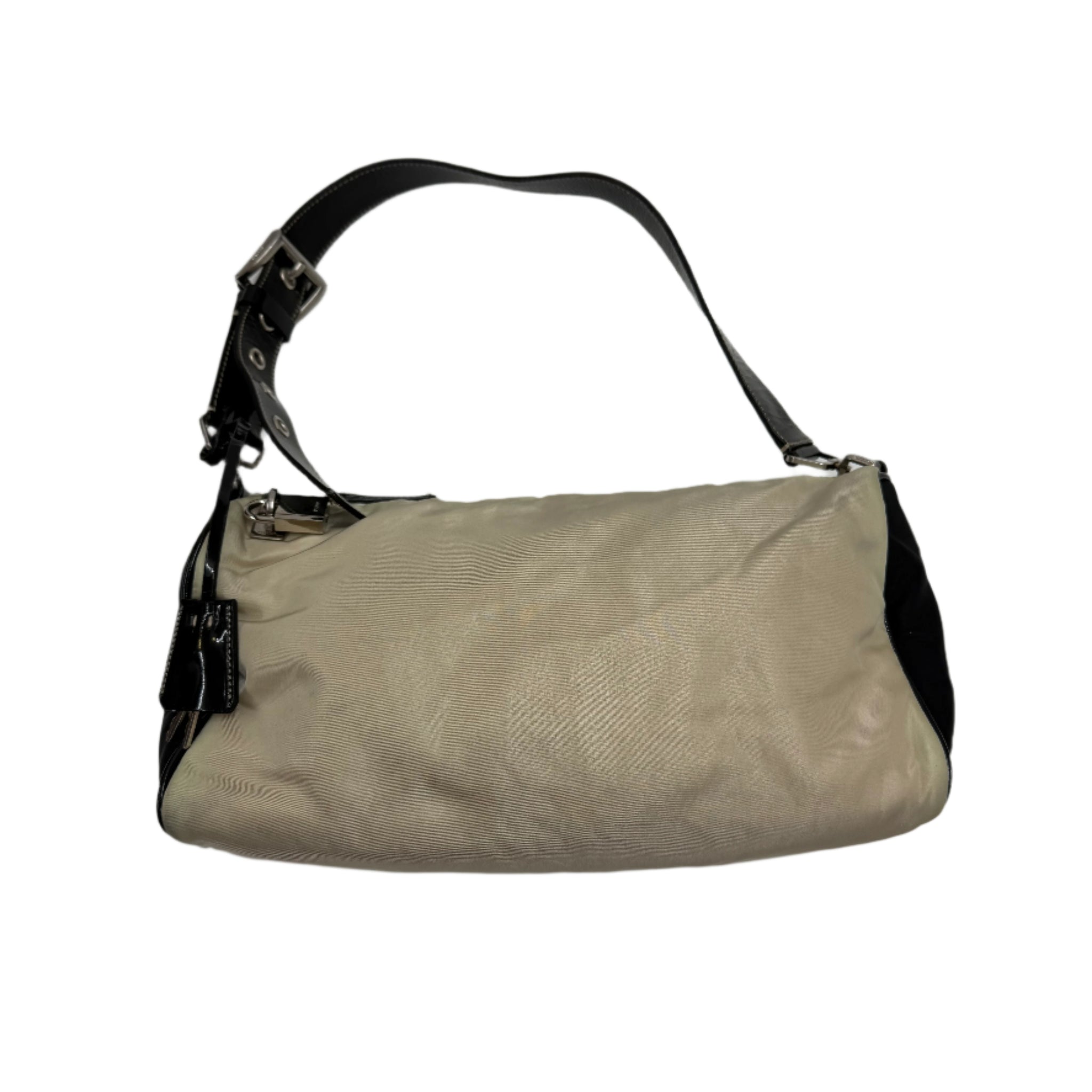 Beige bag with black strap on a white background Prada designer