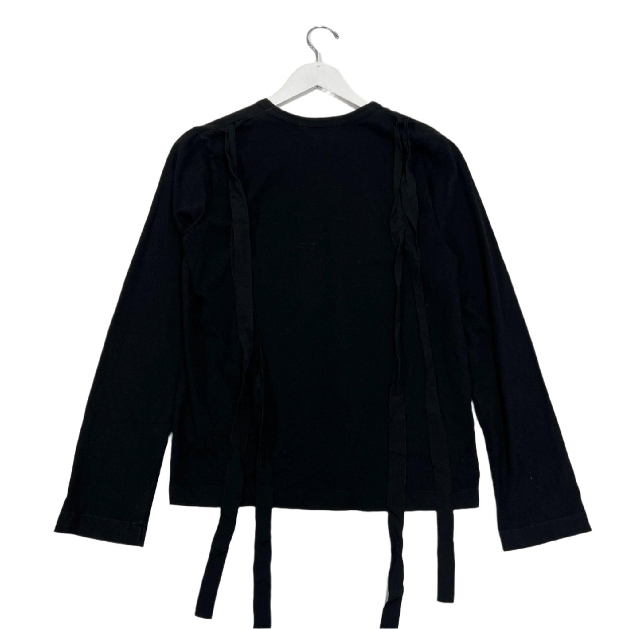 Comme des Garçons strap shirt featuring deconstructed detailing with fabric straps across the body. Avant-garde tailoring from Rei Kawakubo’s experimental collection