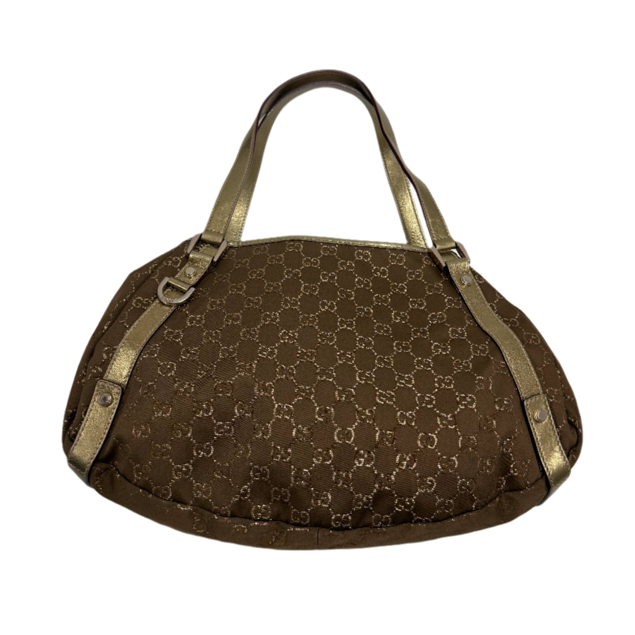Brown patterned bag on a white background gucci hang bag gold design with iconic pattern high end designer luxury