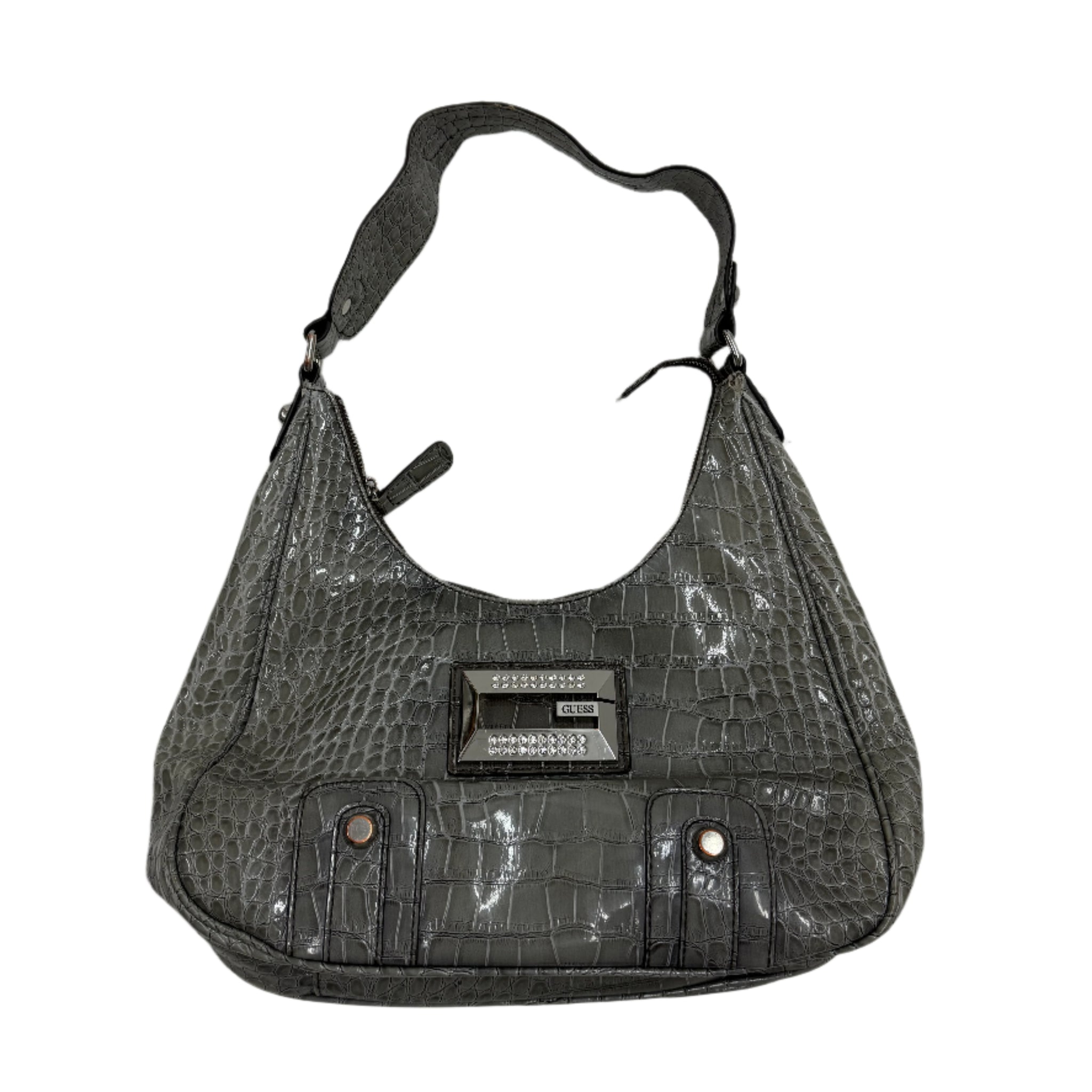 Black textured handbag on a light gray background guess vintage designer y2k 