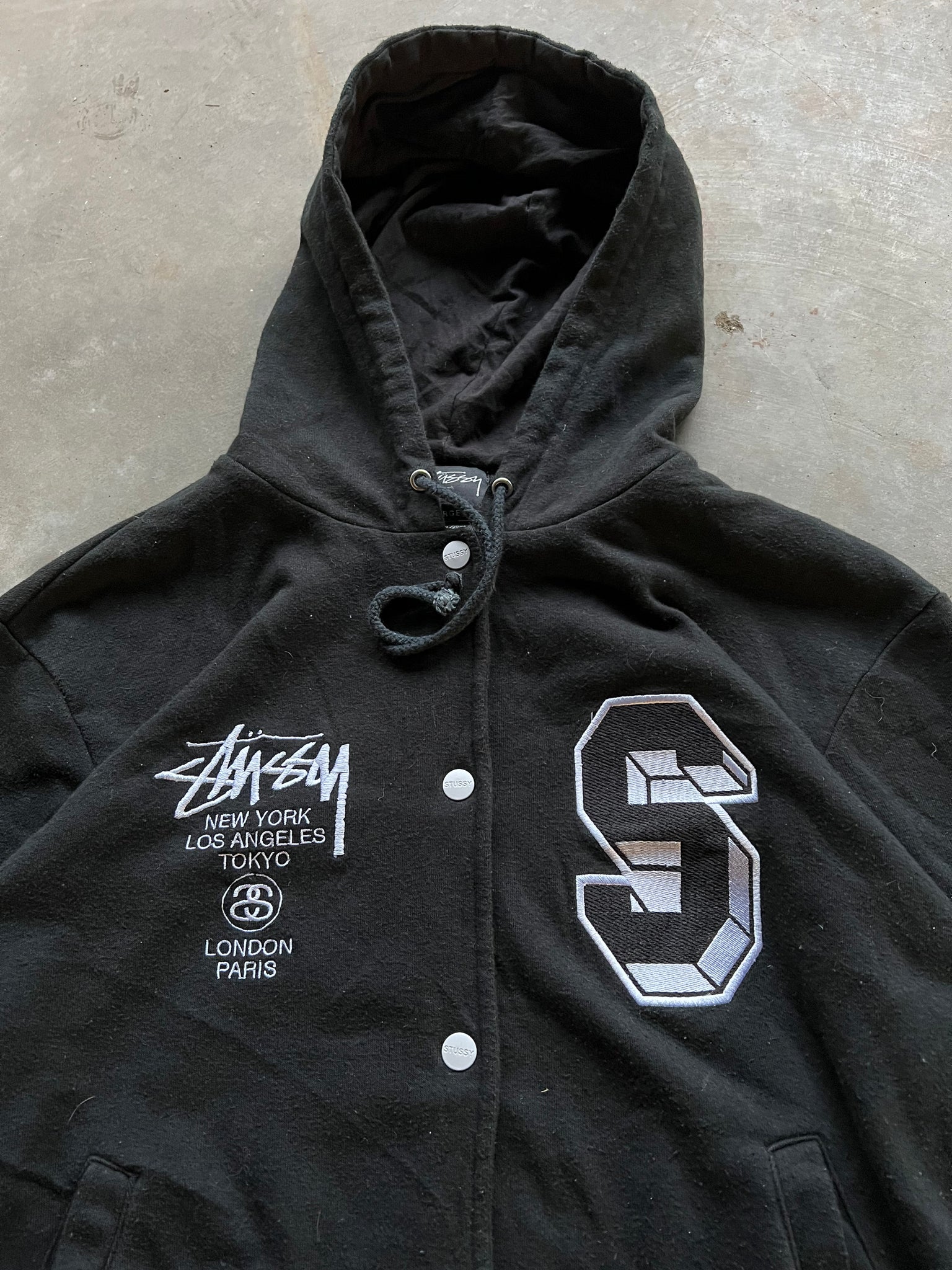 STUSSY HOODED VARSITY JACKET / LARGE