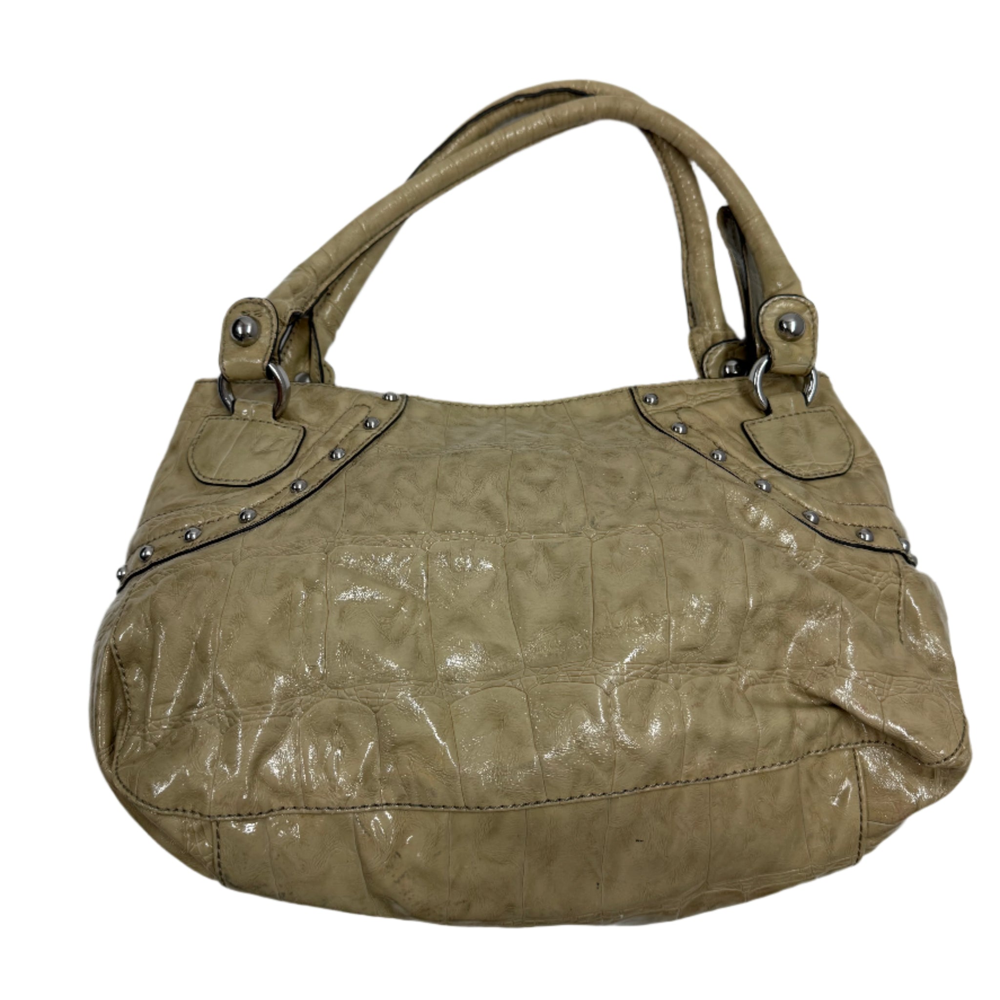 Vintage-style handbag with studded details on a white background Guess patten leather with silver hardware design Y2K grunge style