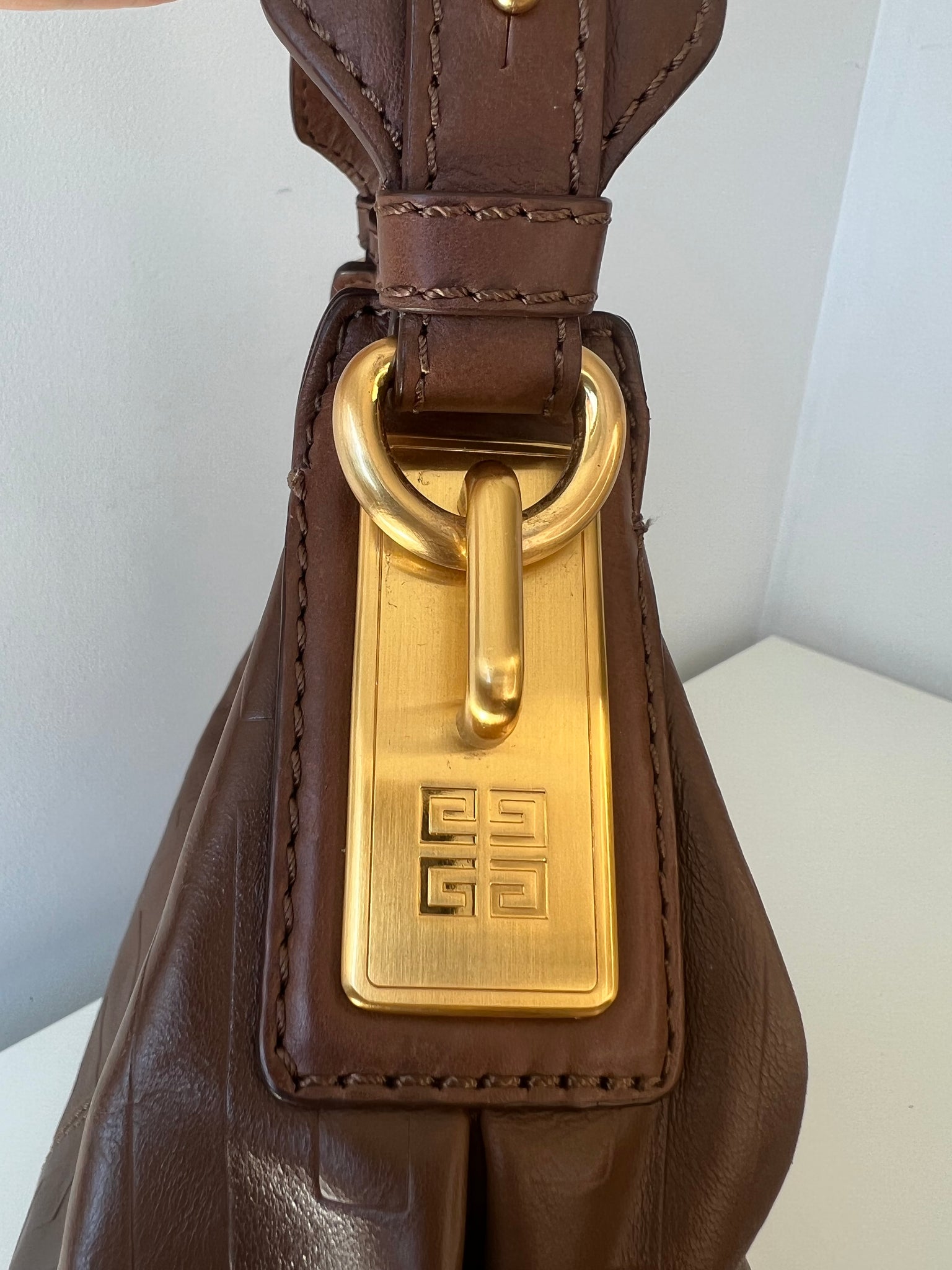 GIVENCHY SIGNATURE EMBOSSED LEATHER HOBO BAG / BROWN