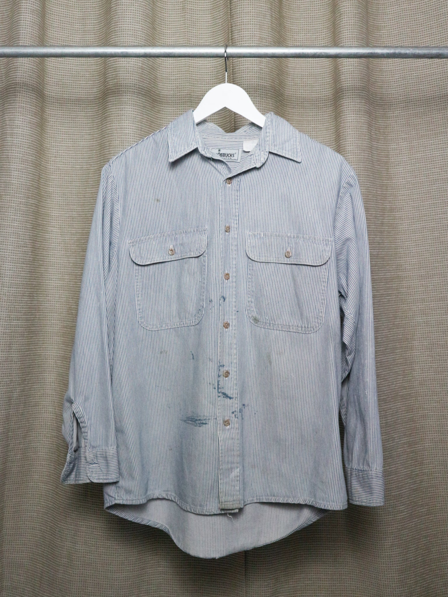 1980S ROEBUCKS DISTRESSED HICKORY WORK SHIRT/ LARGE