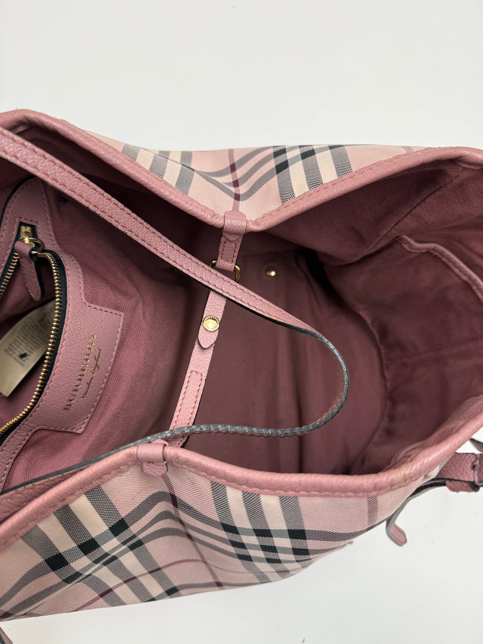 Burberry Horseferry dusty pink check tote plaid pattern