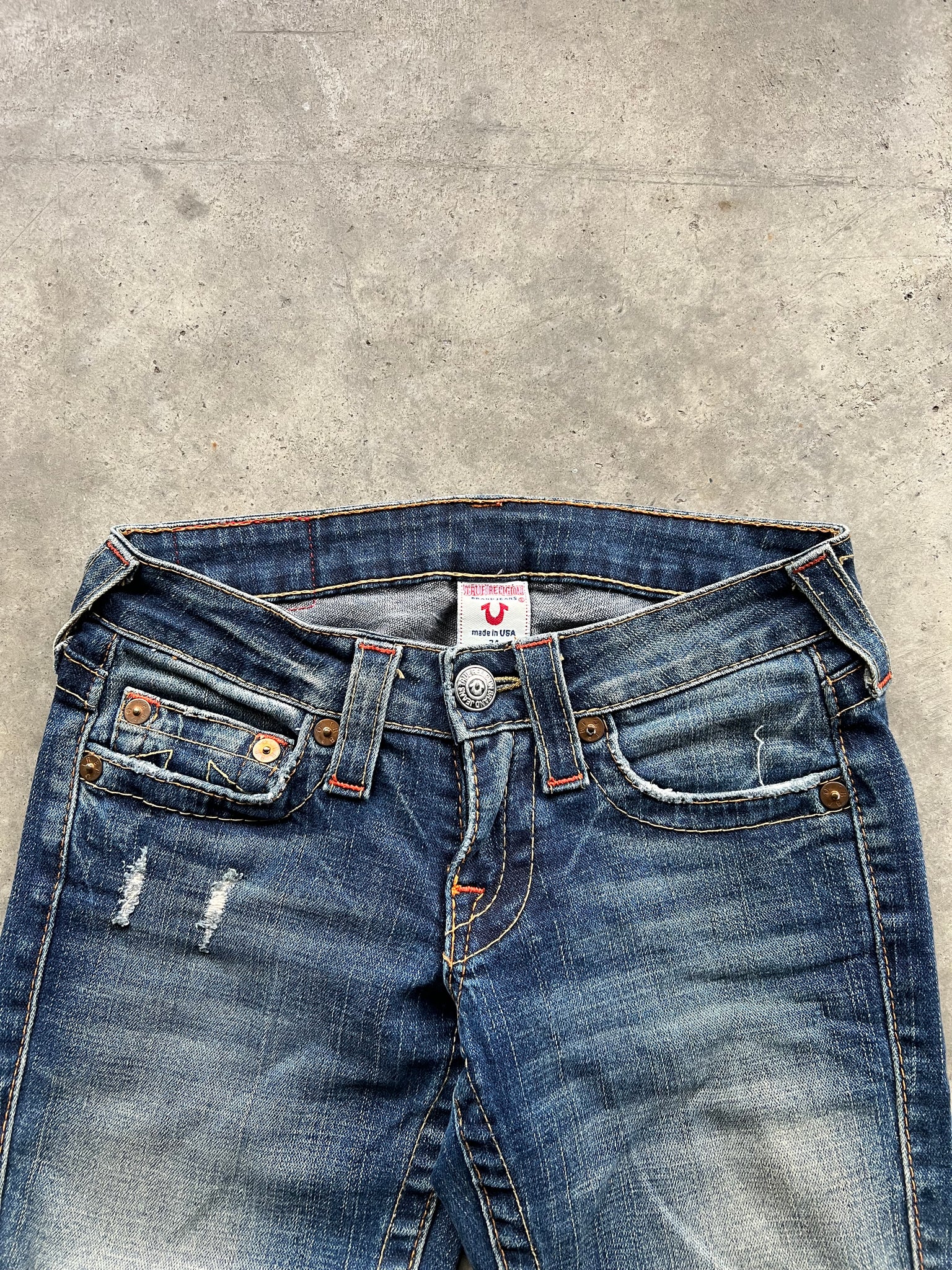 TRUE RELIGION DISTRESSED FLARED DENIM / 24