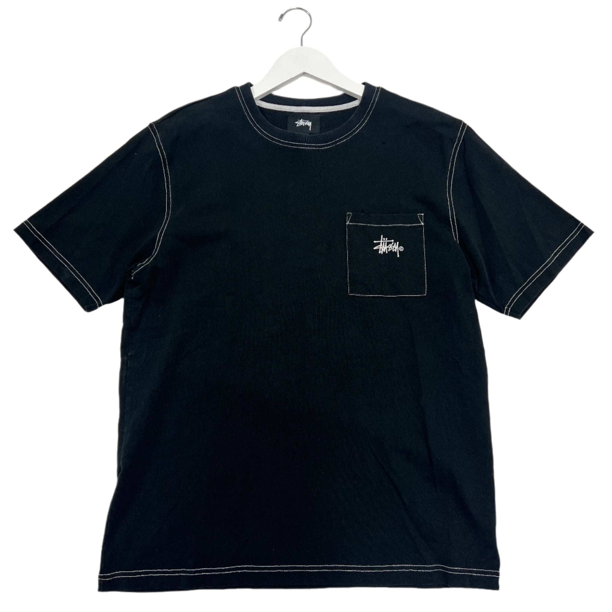 stussy contrast stitch black and white breast logo shirt
