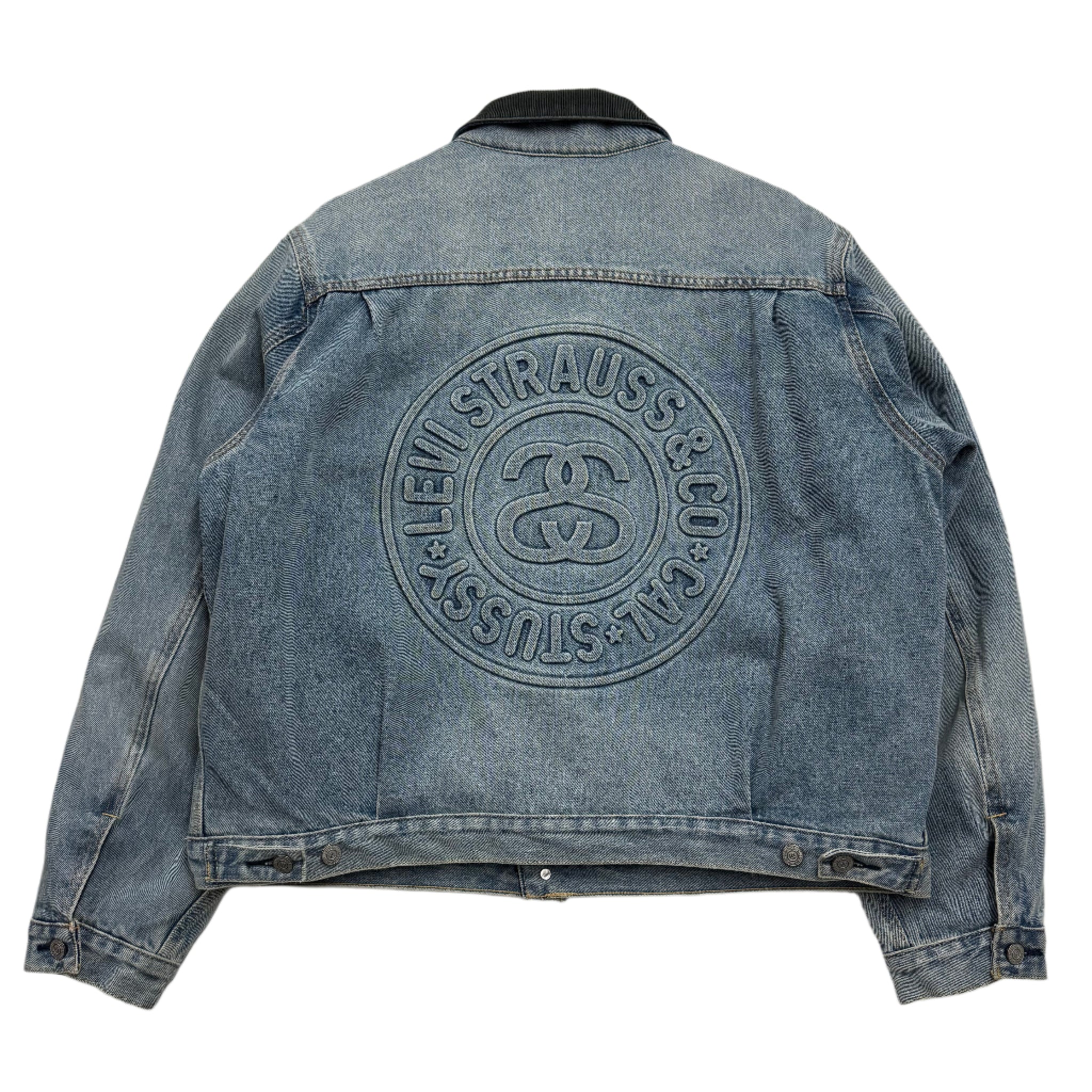 Stussy x Levi’s embossed praglad trucker jacket  Vancouver Vintage Streetwear Levis Back Denim 