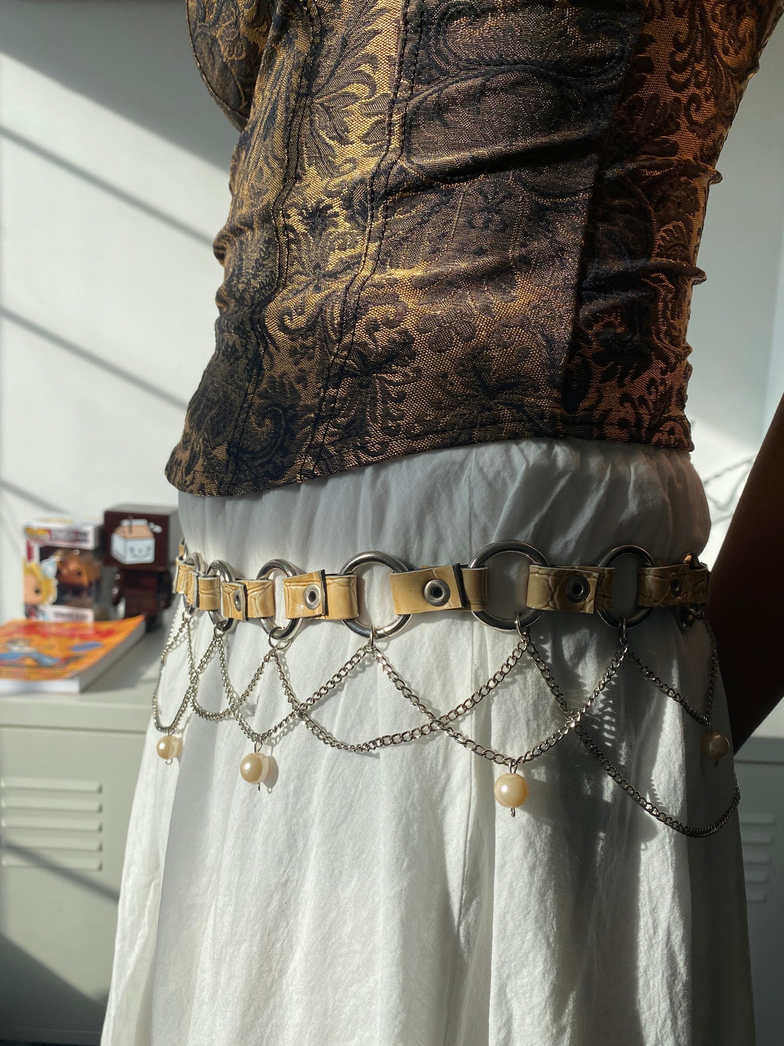 Beige leather and chain cowgirl belt