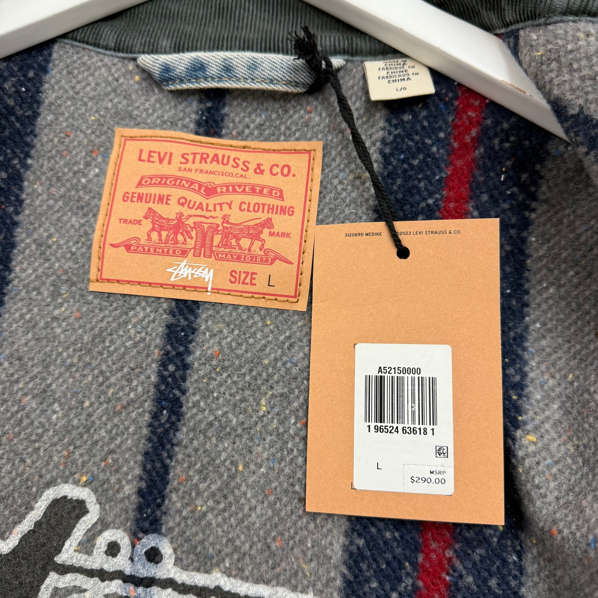 Stussy x Levi’s embossed praglad trucker jacket  Vancouver Vintage Streetwear Levis Front Denim Detail