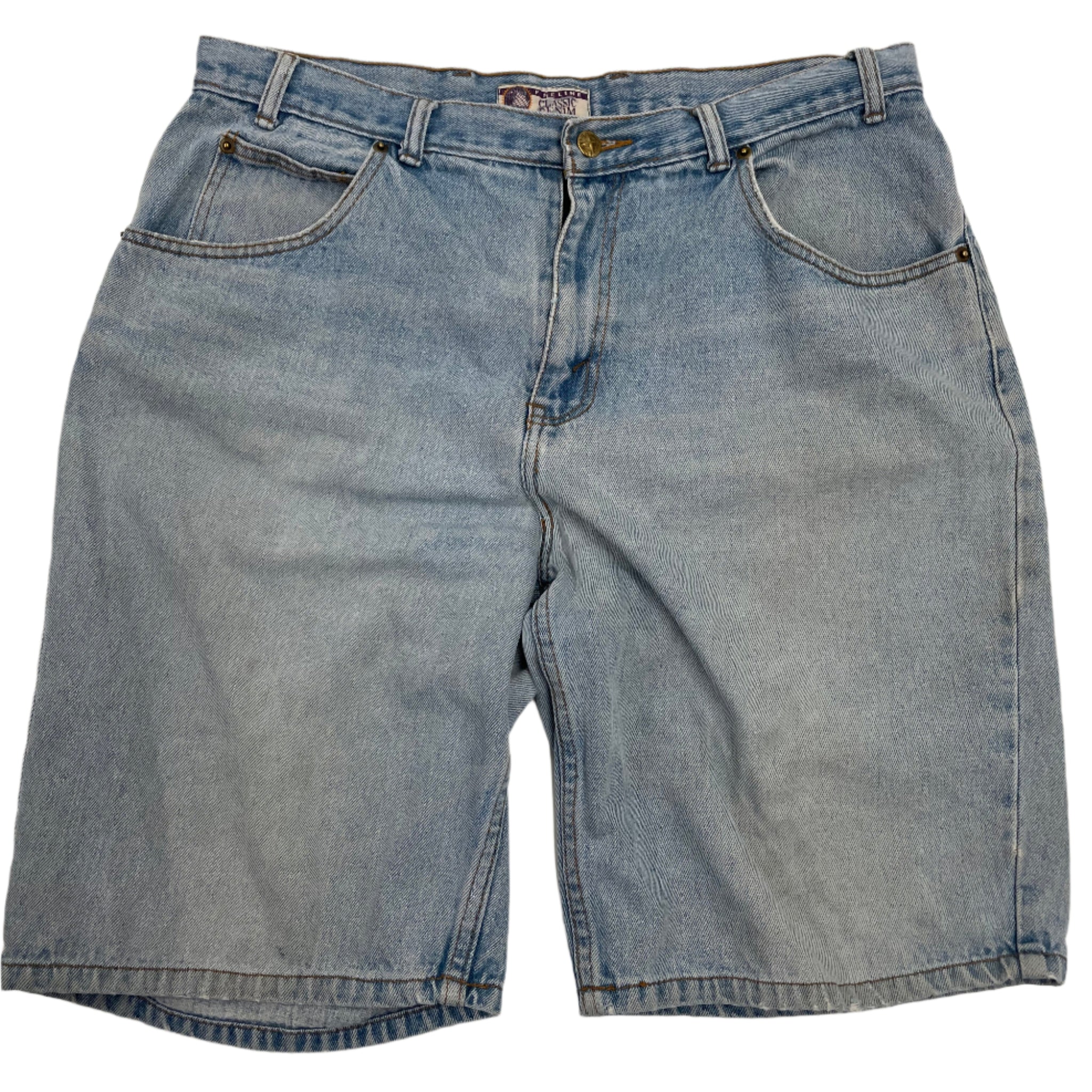 Pair of blue denim shorts on a light gray background