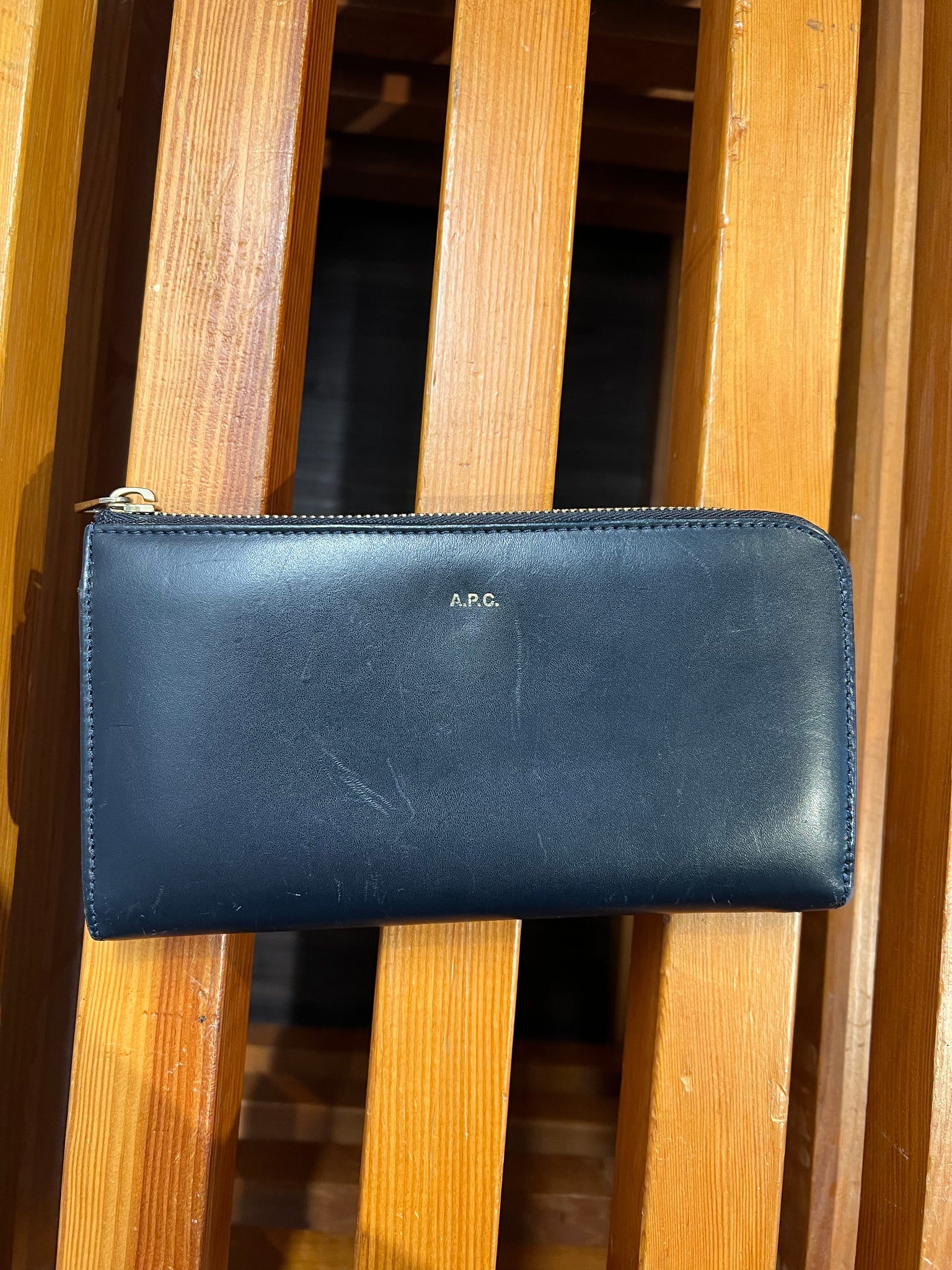 APC navy leather zip wallet